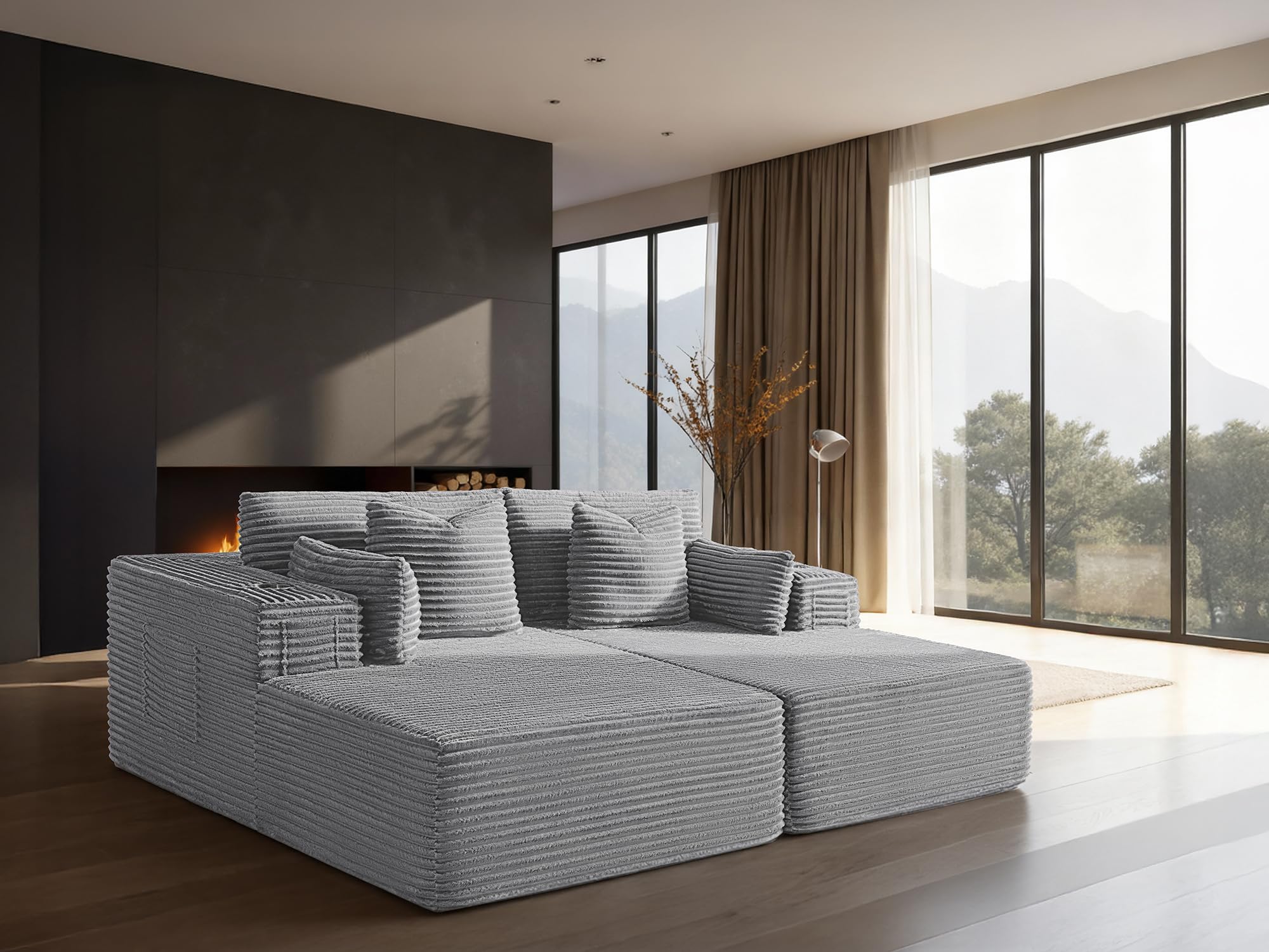 72" Cloud Sectional Couch, Comfort U Shaped Sofa for Living Room, Extra Deep Seats No Assembly, Minimalist Modular Couch, Corduroy (Light Grey, Loveseat Chaise)