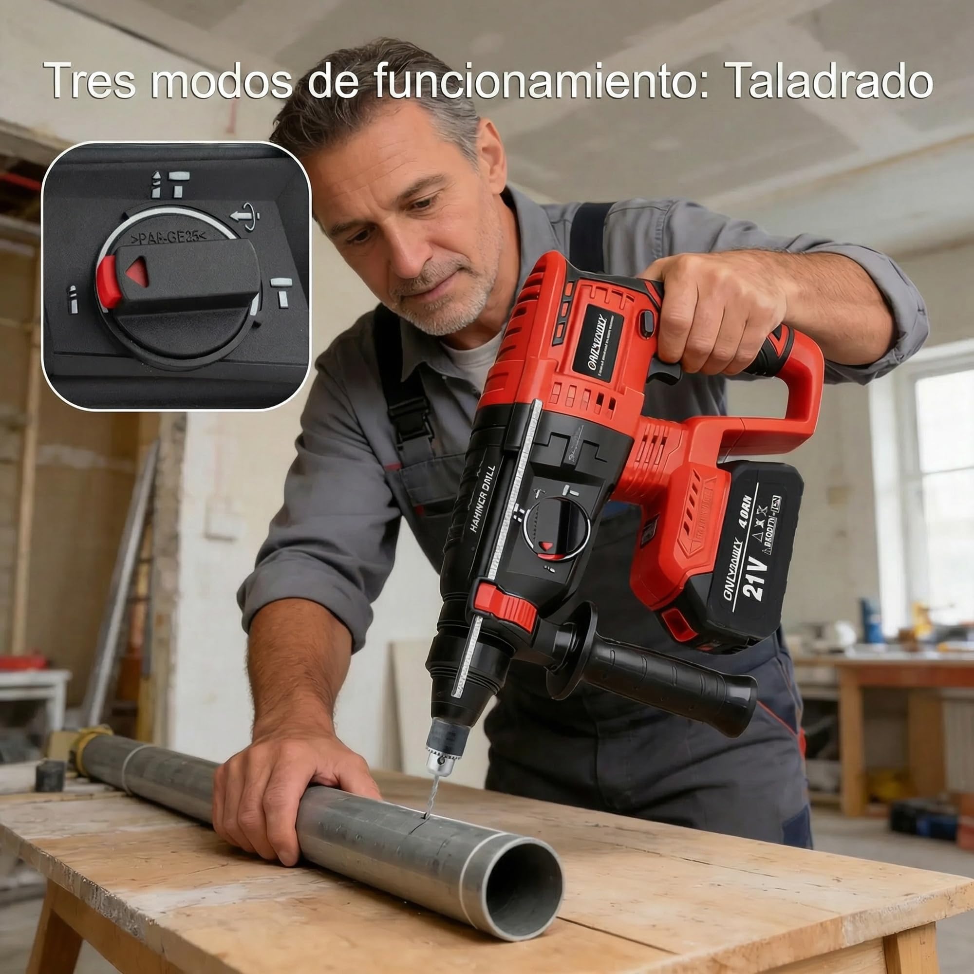 Martillo perforador SDS Plus, Motor sin escobillas, 3 en 1 (perforar/golpear/escariar), Compatible con batería Makita 18V, 2x Baterías 4.0Ah Cargador en maletín