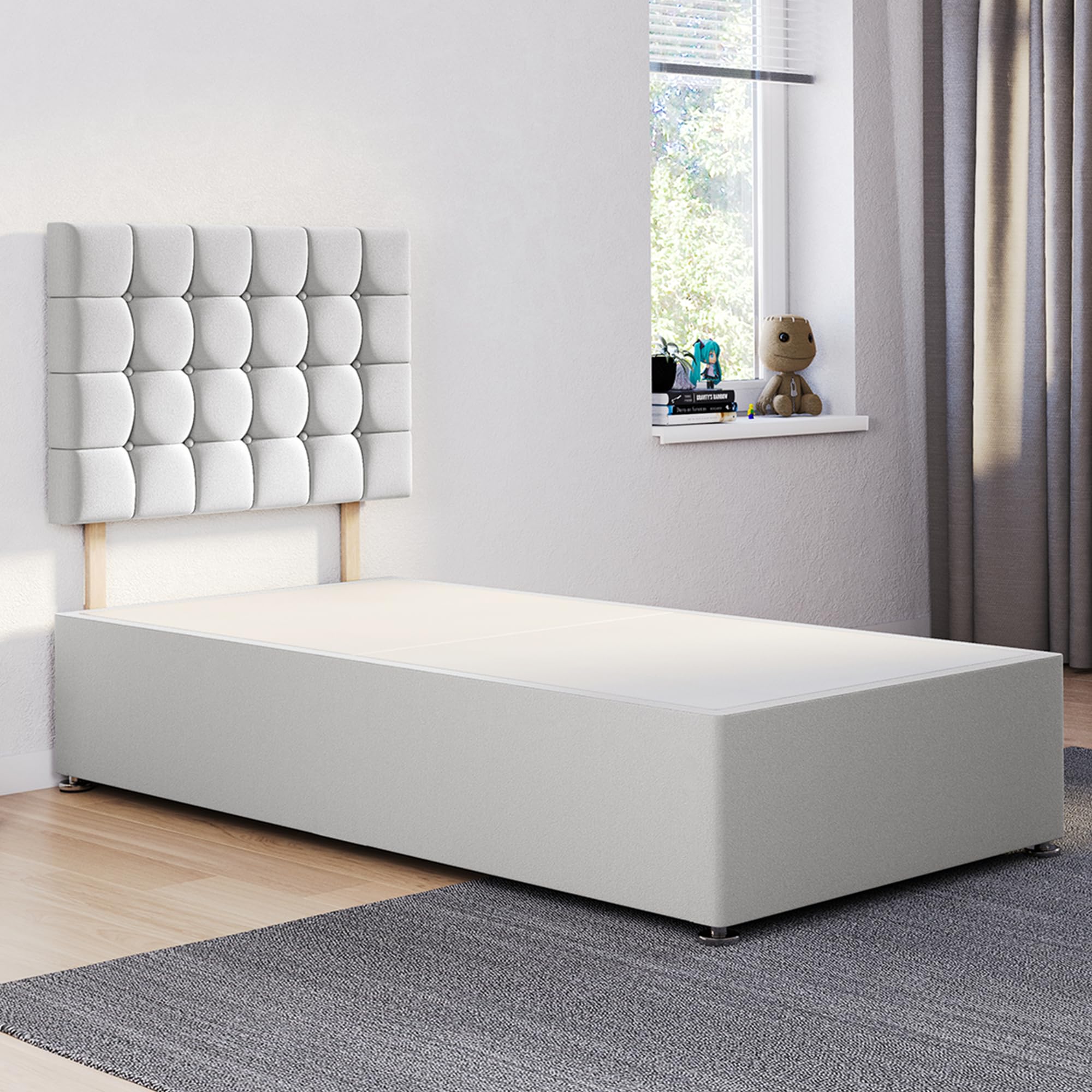 ComfoRest - Modern 3FT Single Divan Bed Base with Cubex Headboard | Reliable Frame for Daily Living | Suitable for Student Flats, Guest Areas or Small Bedrooms – No Mattress, No Drawers (Silver Plush)
