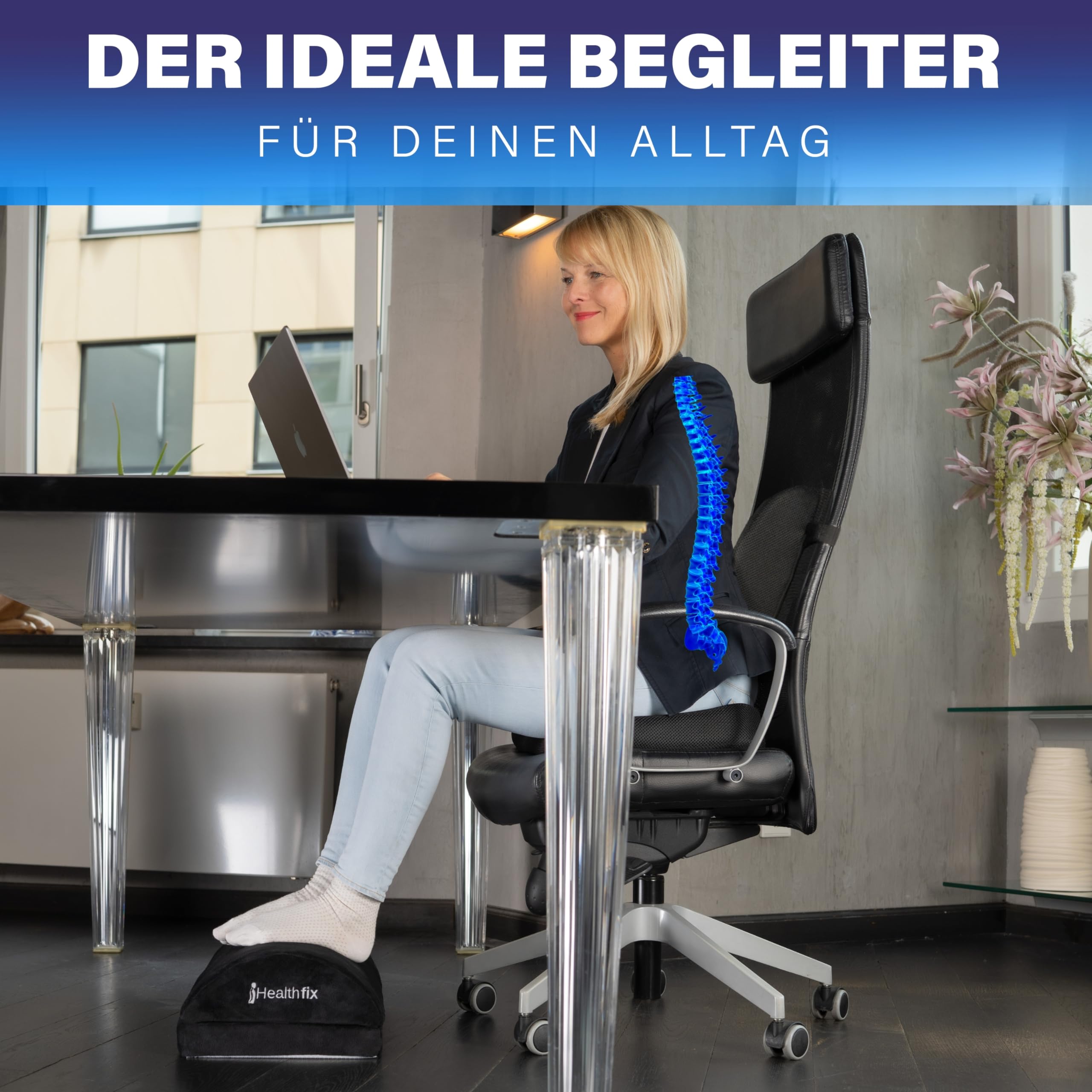 Healthfix® Paquete ergonómico compuesto de: cojín ergonómico en cuña, reposapiés y cojín lumbar | Ideal para la oficina y la oficina en casa | Mejora la postura sentada, alivia el dolor de asiento y