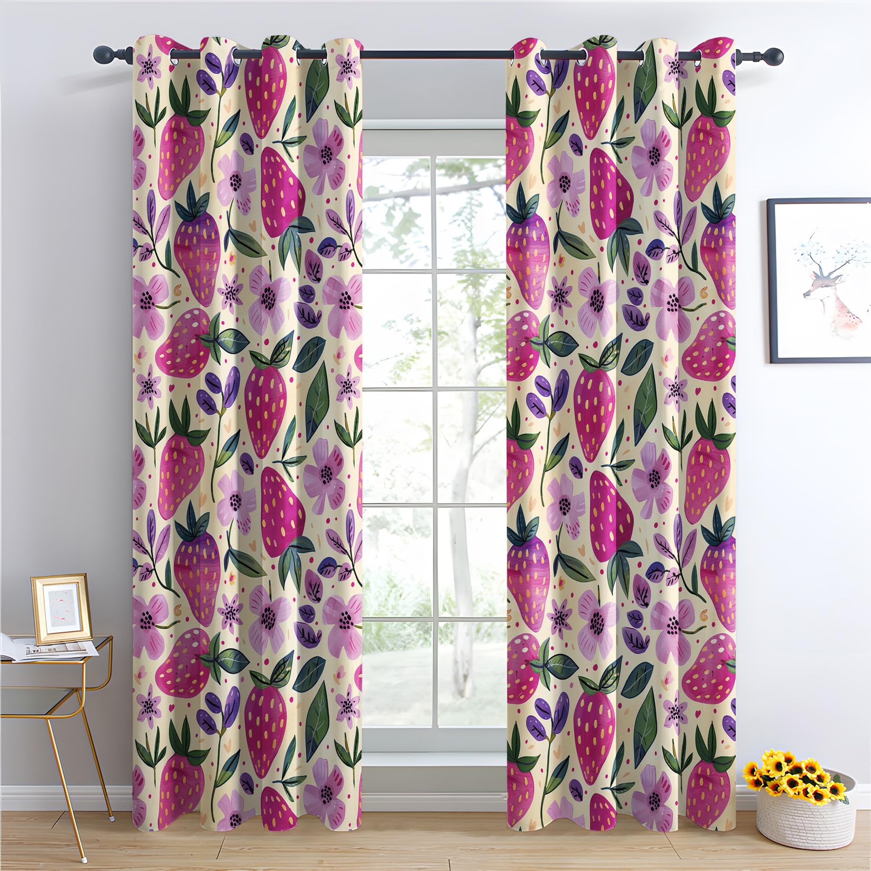Generisch Vorhänge Erdbeere - Mädchen Floral Obst Fenster Gardinen mit Ösen, Vorhang Blickdicht Verdunklungsvorhänge Thermovorhang für Wohnzimmer Schlafzimmer Deko 2er Set, H 137 x B 117 cm I-#143