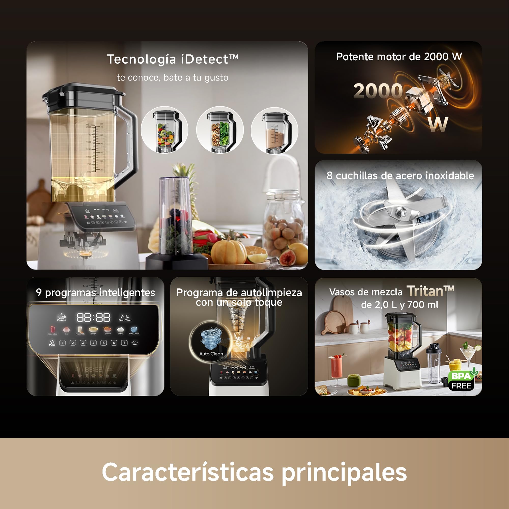 DREAME BlendLogic Blanco, Batidora de Vaso, Tecnología IDetect | 2 Vasos de Tritán (2,0 L + 700 ml), Potente Motor de 2000 W, 9 Programas Inteligentes, Programa de Autolimpieza