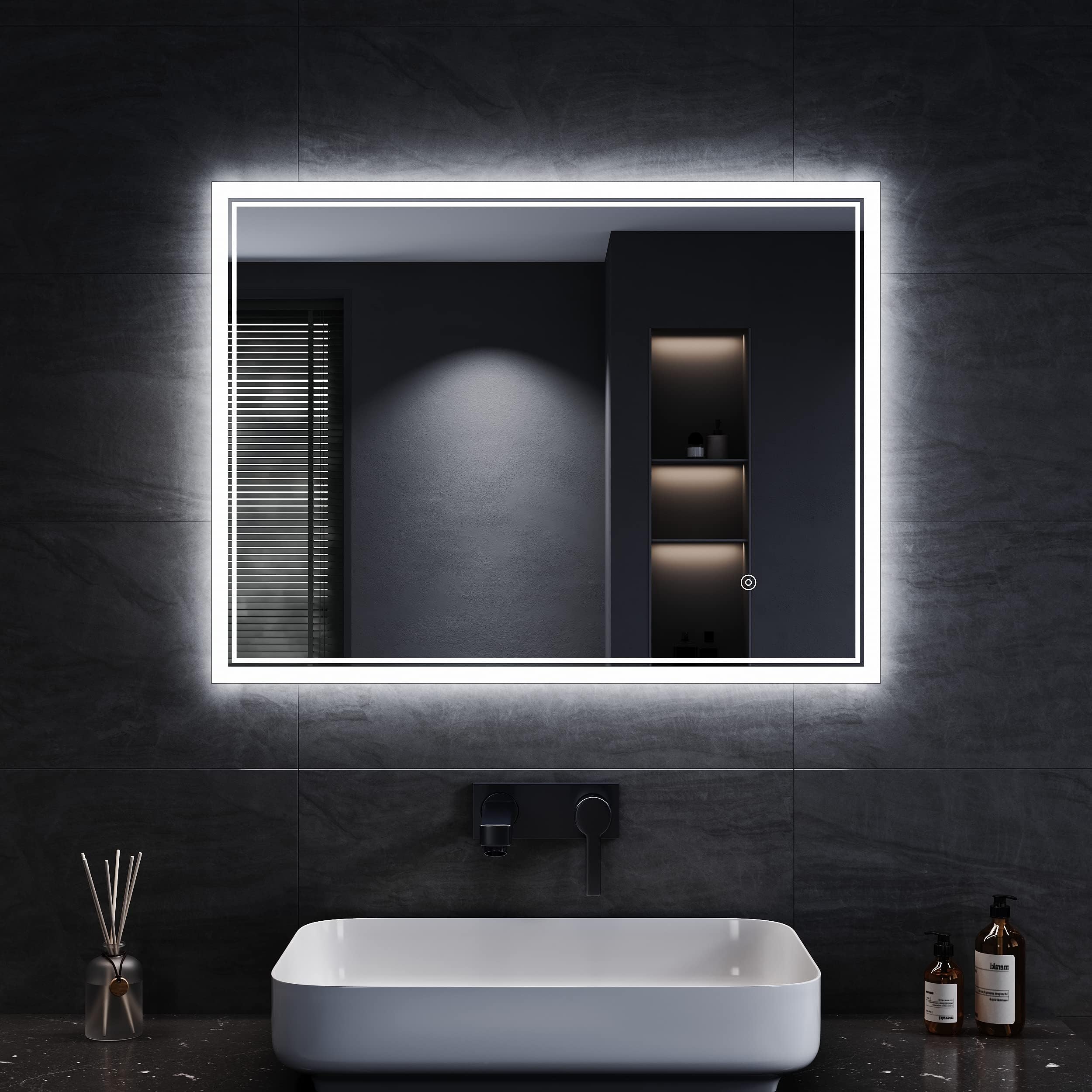 SONNI Espejo de Baño con Iluminación 80 x 60 cm Espejo de Baño con Iluminación Antiniebla Espejo de Baño con Interruptor Táctil Espejo de Pared Blanco Frío 6400k Interruptor de Pared IP44