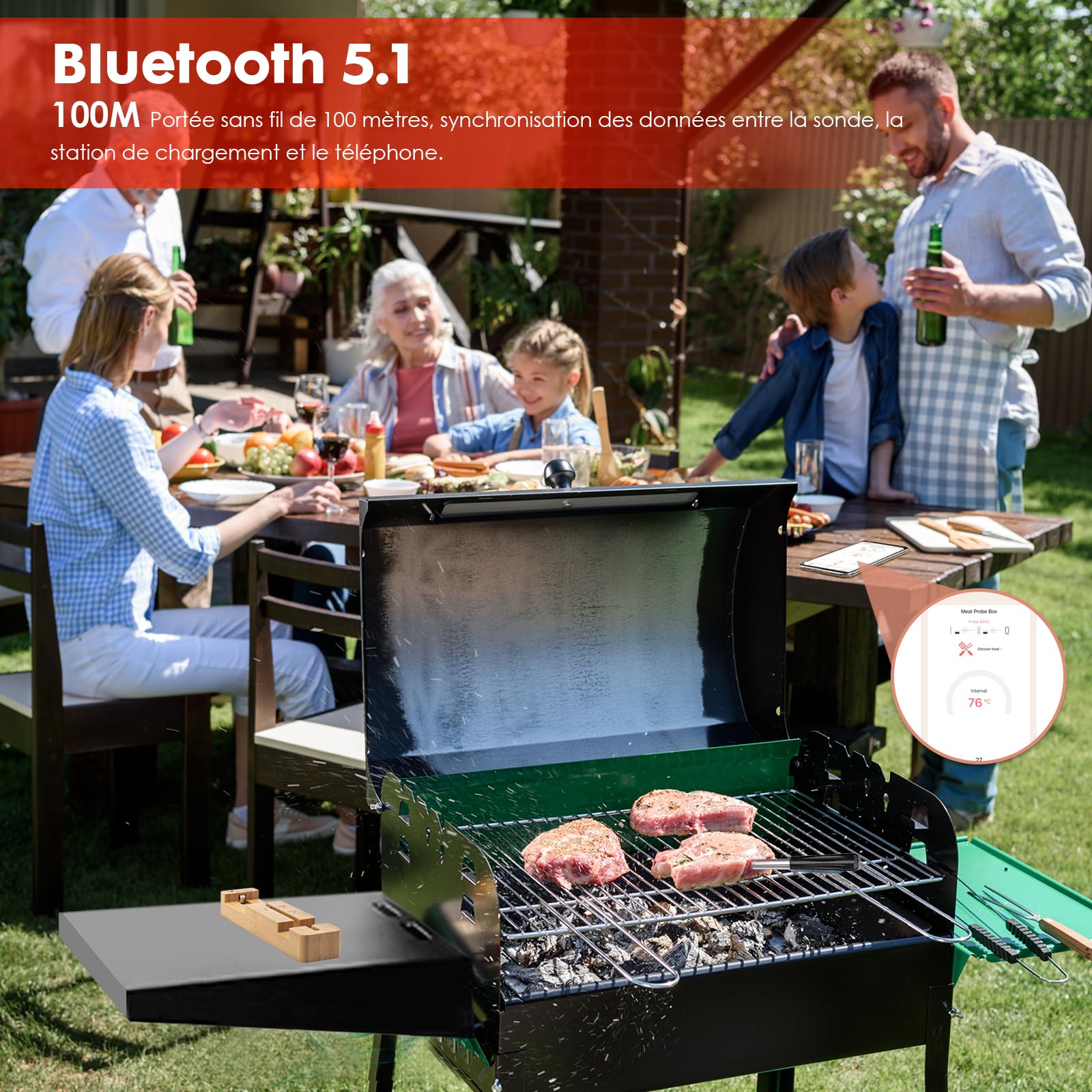 TKMARS Thermometre Cuisine Bluetooth Barbecue Professionnel Sonde Temperature Cuisine Sans Fil Smartphone Application de Surveillance Longue Portée 100M Thermomètre à Viande pour Four Electrique Grill