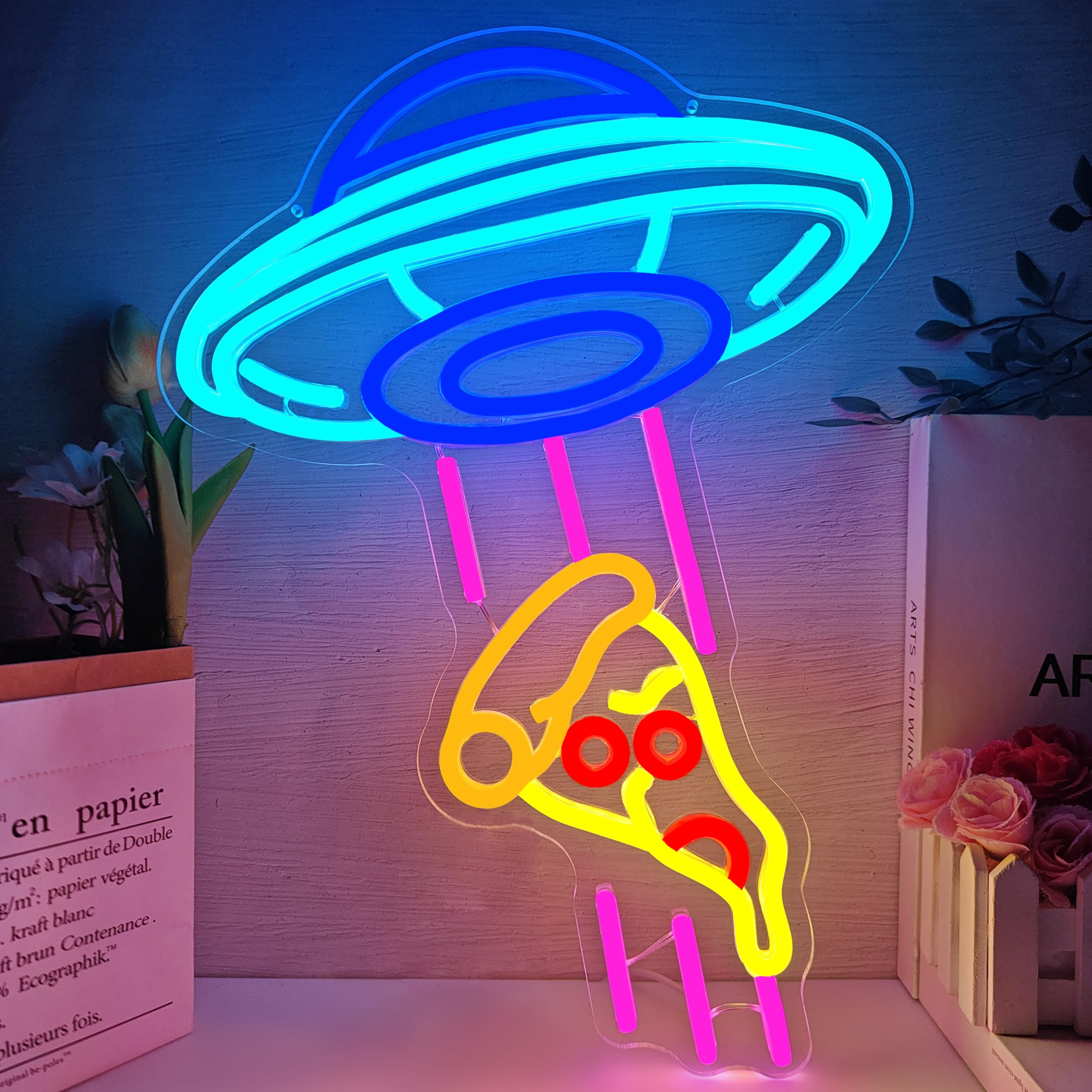 UFO Pizza Neonowa dekoracja ścienna z możliwością przyciemniania, neonowy znak LED, do pizzy, dla miłośników jedzenia, dekoracja ścienna USB, do sypialni, baru