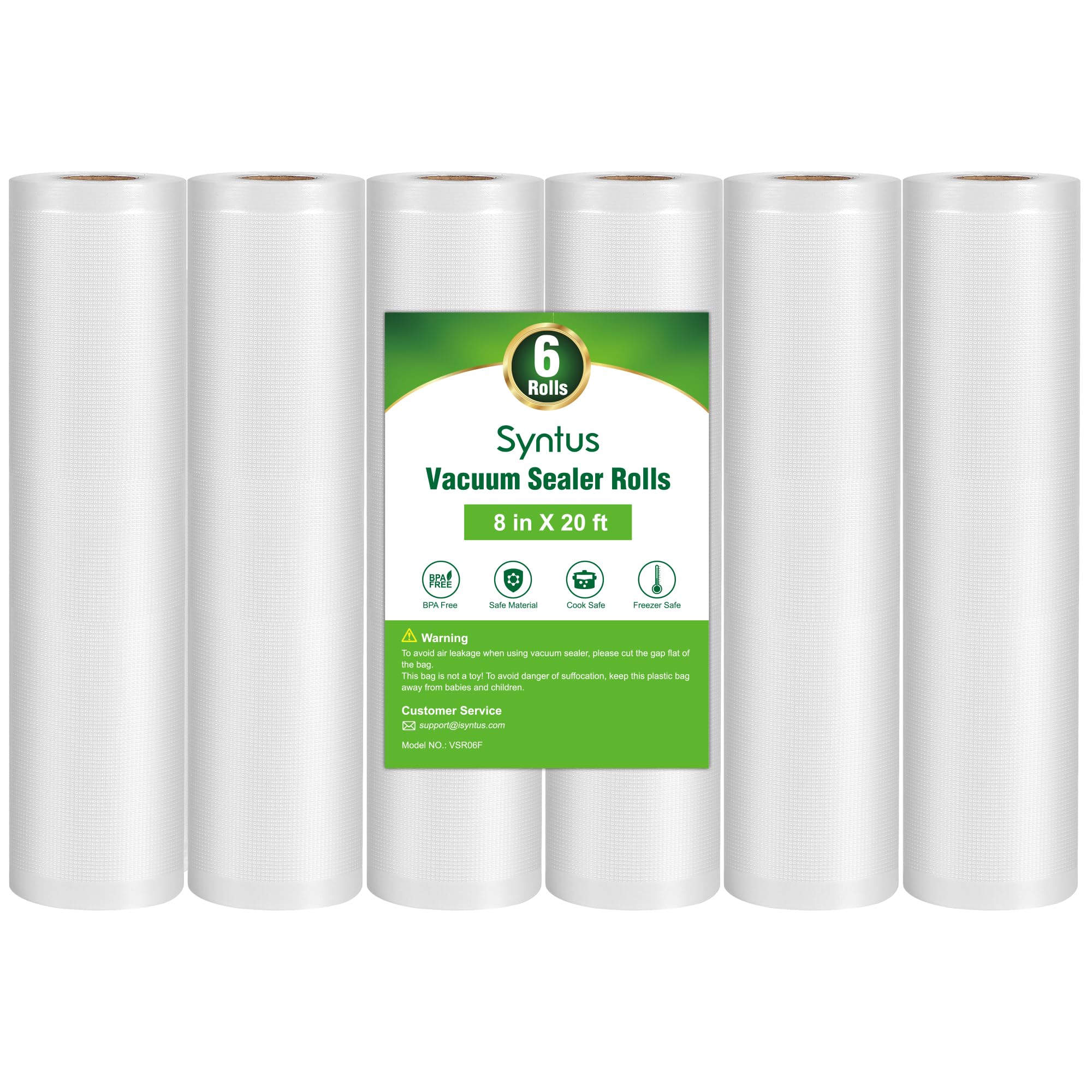 Syntus Sacchetti sottovuoto per alimenti, 6 rotoli da 20,3 cm x 5,8 m, sacchetti sottovuoto per alimenti, per la conservazione dei pasti o per sottovuoto