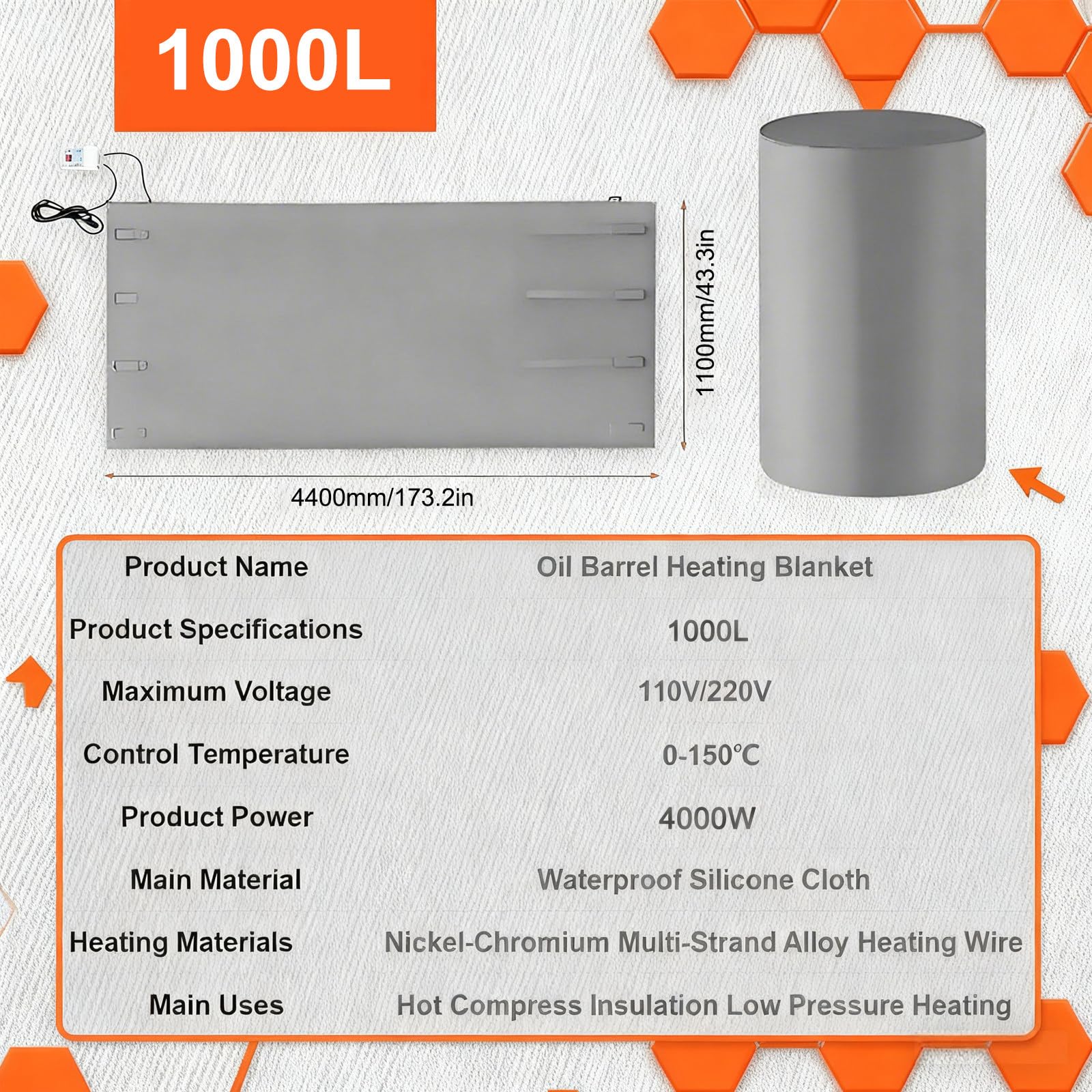Manguito Calefactor para bidones IBC y Banda calefactora Ajustable de 0 a 150 °C para bidones de Aceite, Materiales de Aislamiento Impermeables, para Tanques de plástico IBC 1000L-110V
