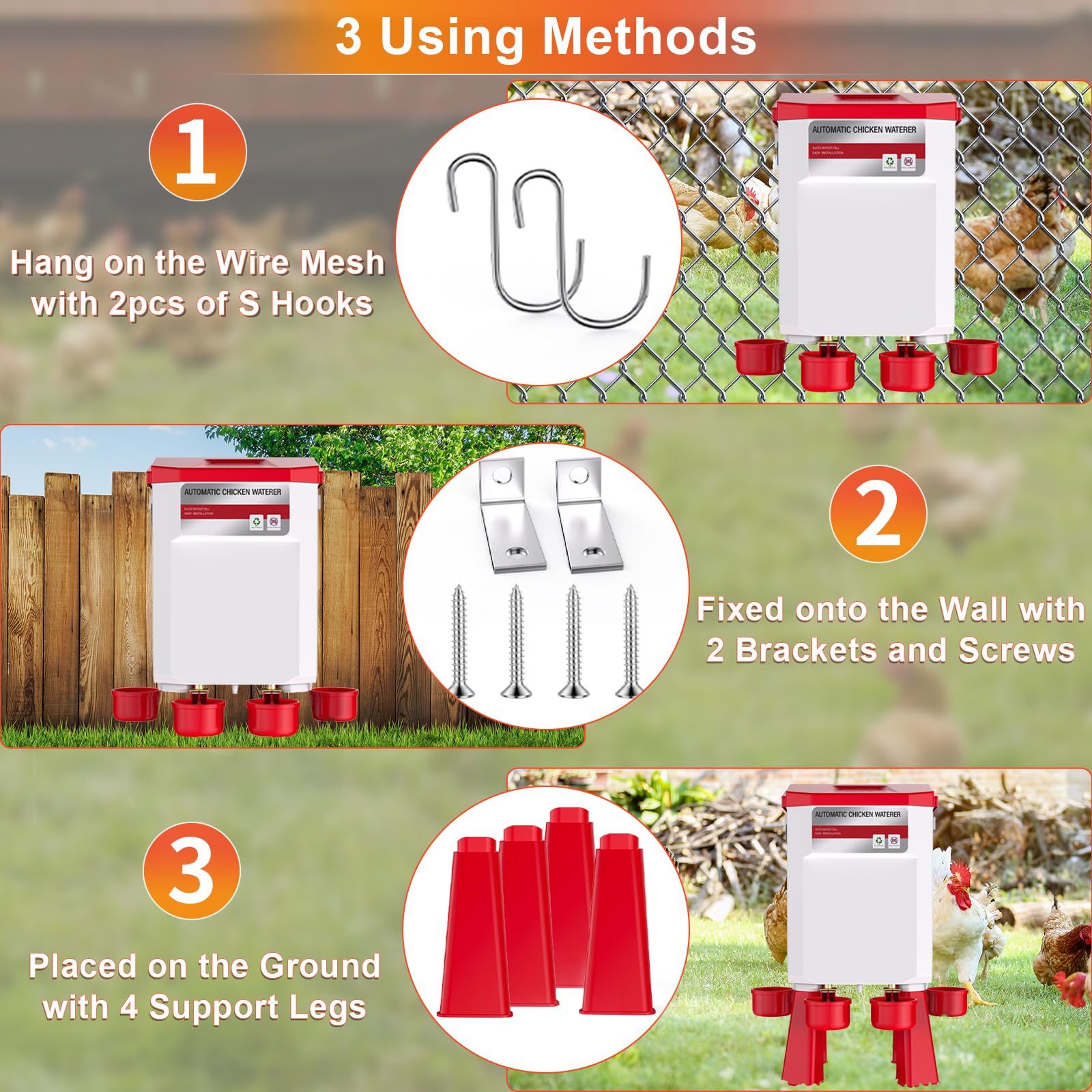Bebedero automático de pollo, 2 galones, alimentador de agua para pollo controlado por flotador con 4 tazas de agua, manguera de 158.4 pulgadas con extremos de 3/4 pulgadas y 1/2 pulgadas, bebedero