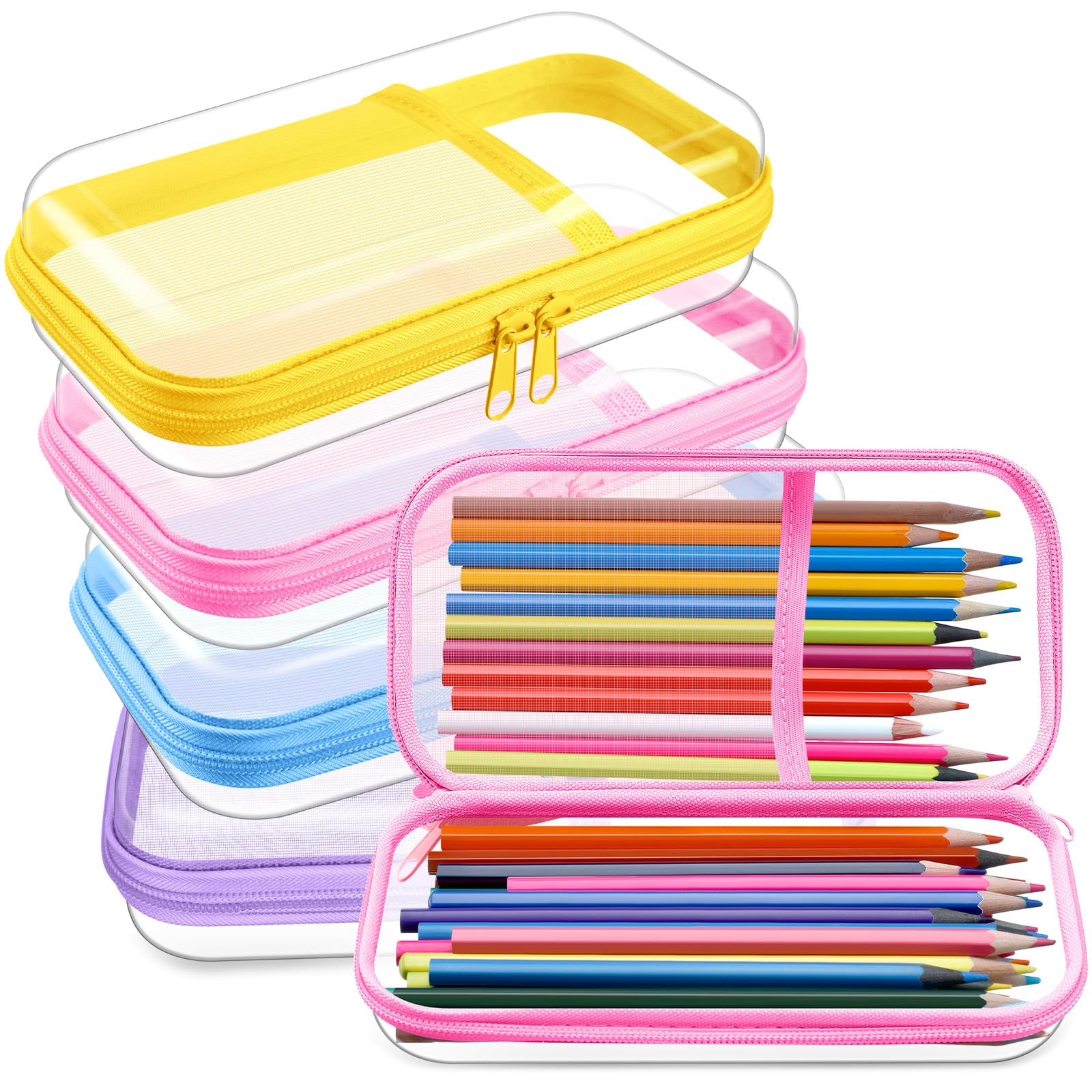 Sanwuta 4 Pcs Clear Hard Sided Zipper Pencil Case Pouches Bulk Plastic Hard Shell Pencil Case Box Organizer with Mesh Pocket Toiletry Pouch Makeup Bag, Back to School Supplies(Macaron) — image 1