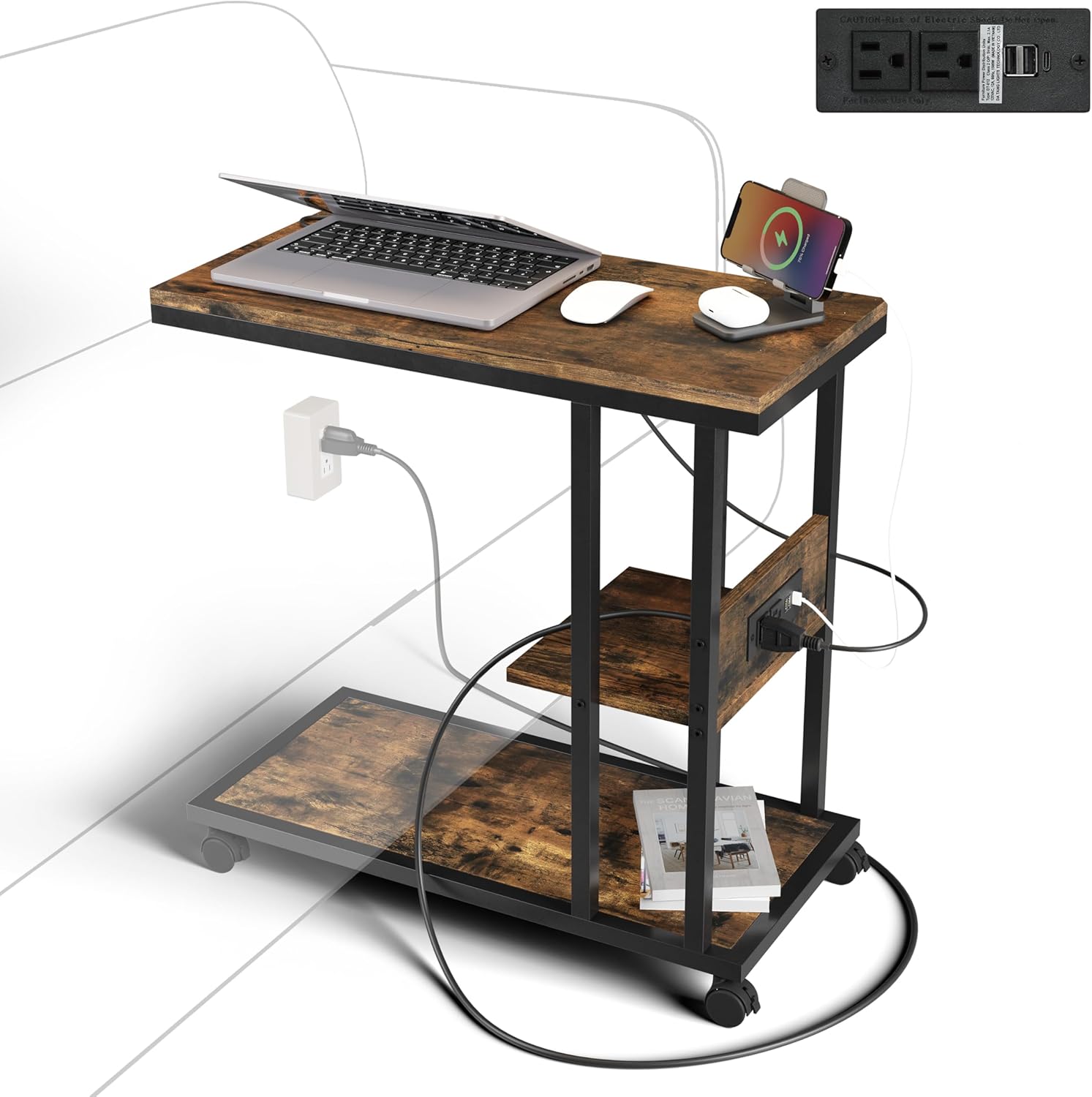 HOMESTEAD C Shaped End Table with Charging Station, USB C & A Ports, 2 Outlets, Rolling Side Table with Wheels for Couch, Living Room, Bedroom - 23.6" L x 11.8" W x 24.8" H