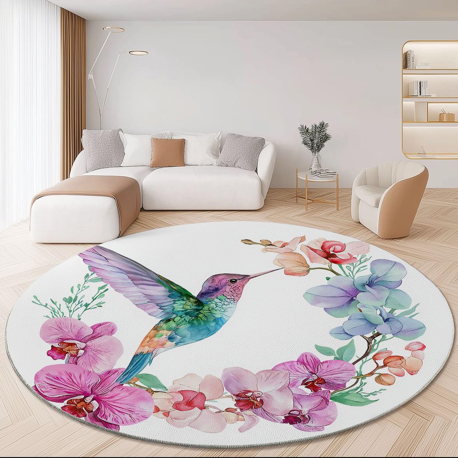 Generisch Aquarell Kolibri Orchidee Runder Teppich Wohnzimmer, Weiß Style Schlafzimmer Dekoration Teppich Teenager Männer Gaming Zone Rugs Mat rutschfest Washable, 120 cm