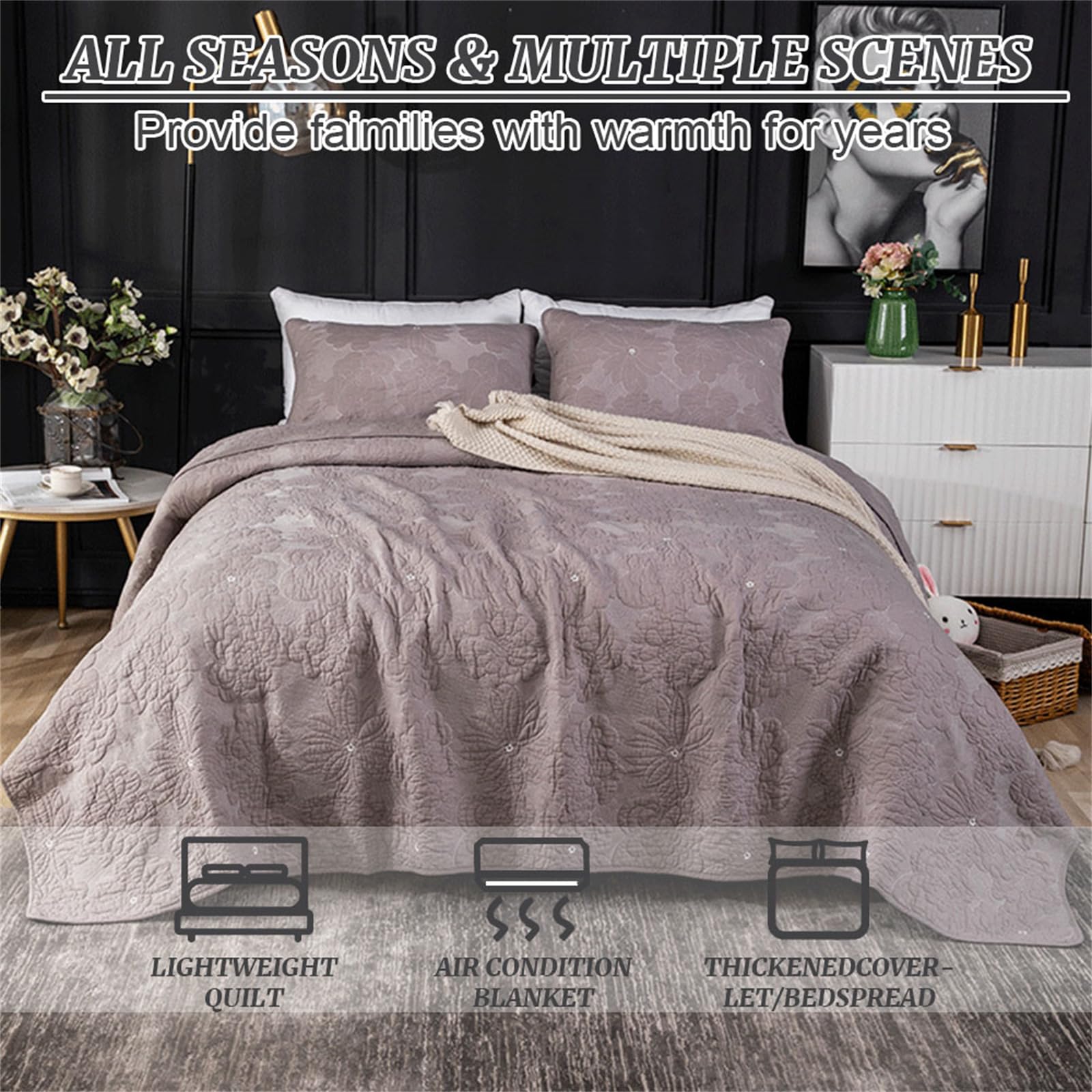 Odot Colcha Verano para Cama 230/250, Colcha Bouti Fina con 2 Fundas de Almohada Colcha Acolchado Ligera Suave para Colcha Cubre Cama Multiusos (250 * 270+50 * 70cm,Gris-marrón)
