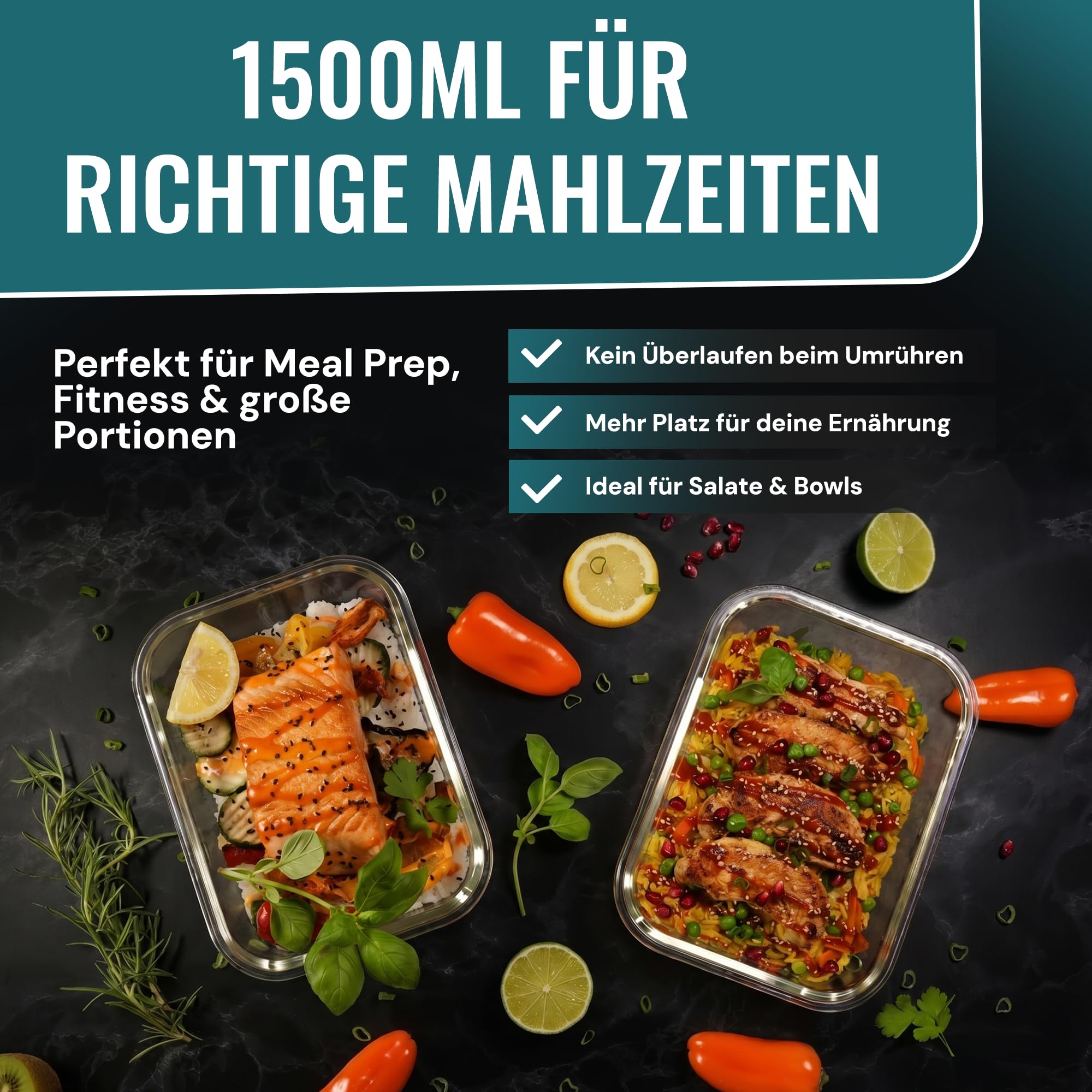 RDY® Meal Prep Set di 5 scatole in vetro ermetiche da 1500 ml, per forno a microonde, forno, congelatore, contenitori salvafreschezza con coperchio, senza BPA, lavabili in lavastoviglie