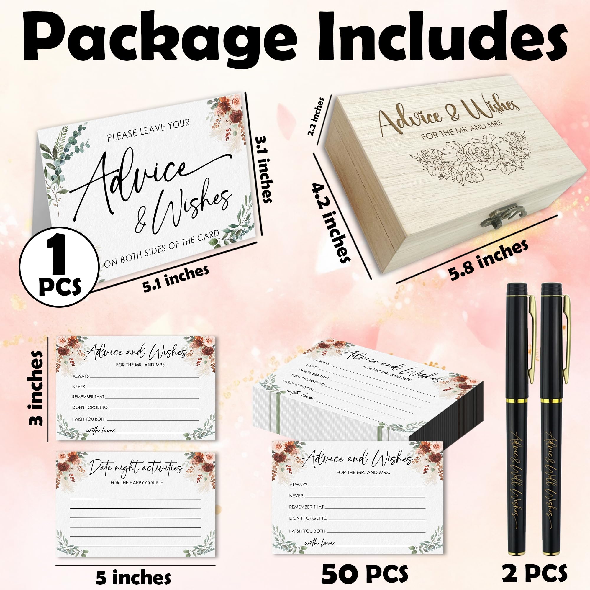 Wedding Advice Cards - Boho Flowers Set with Wooden Box -2