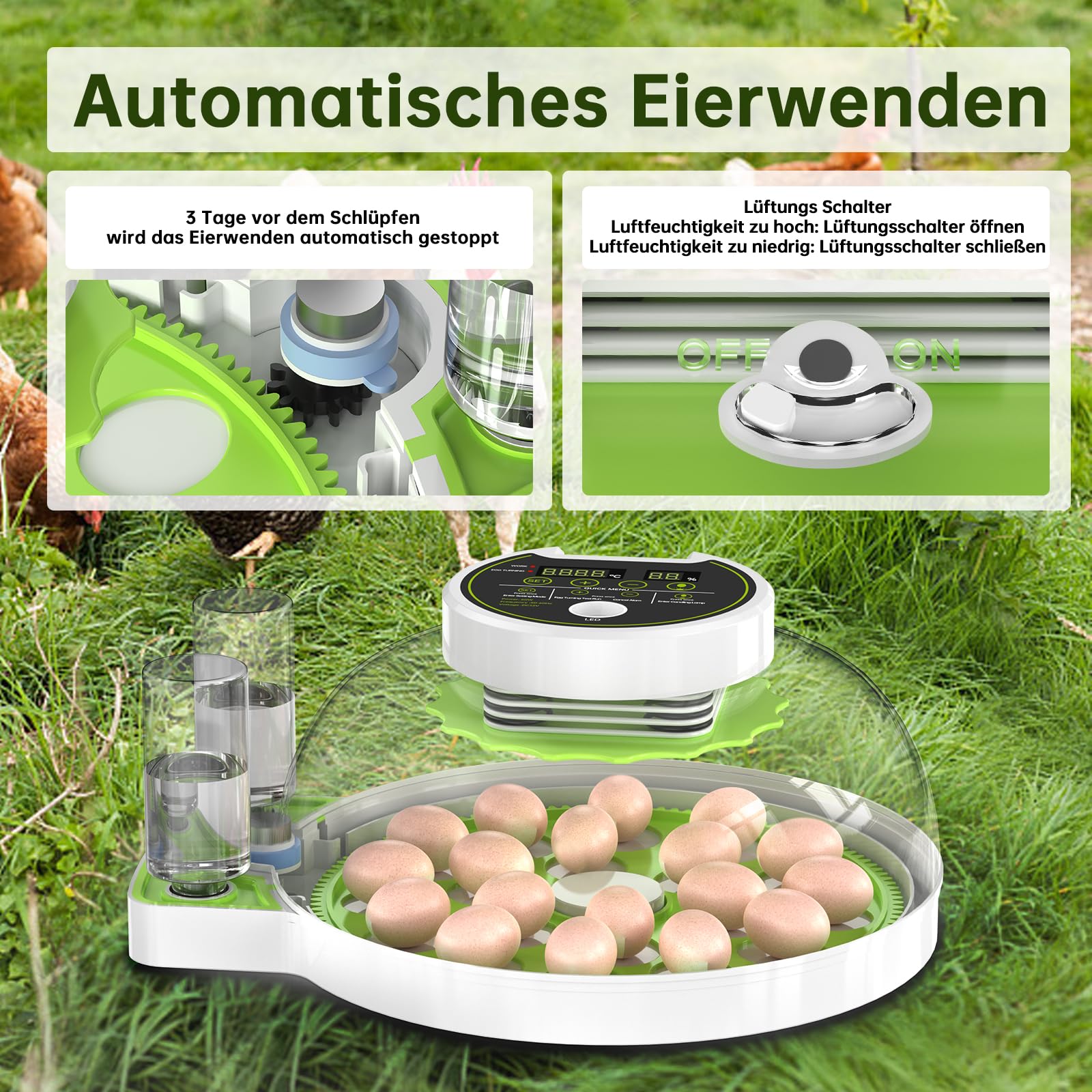Sailnovo Incubator, volautomatisch, broedmachine met automatisch draaien van de eieren en automatische bevochtiging, temperatuurcontrole, scheerlamp voor eieren