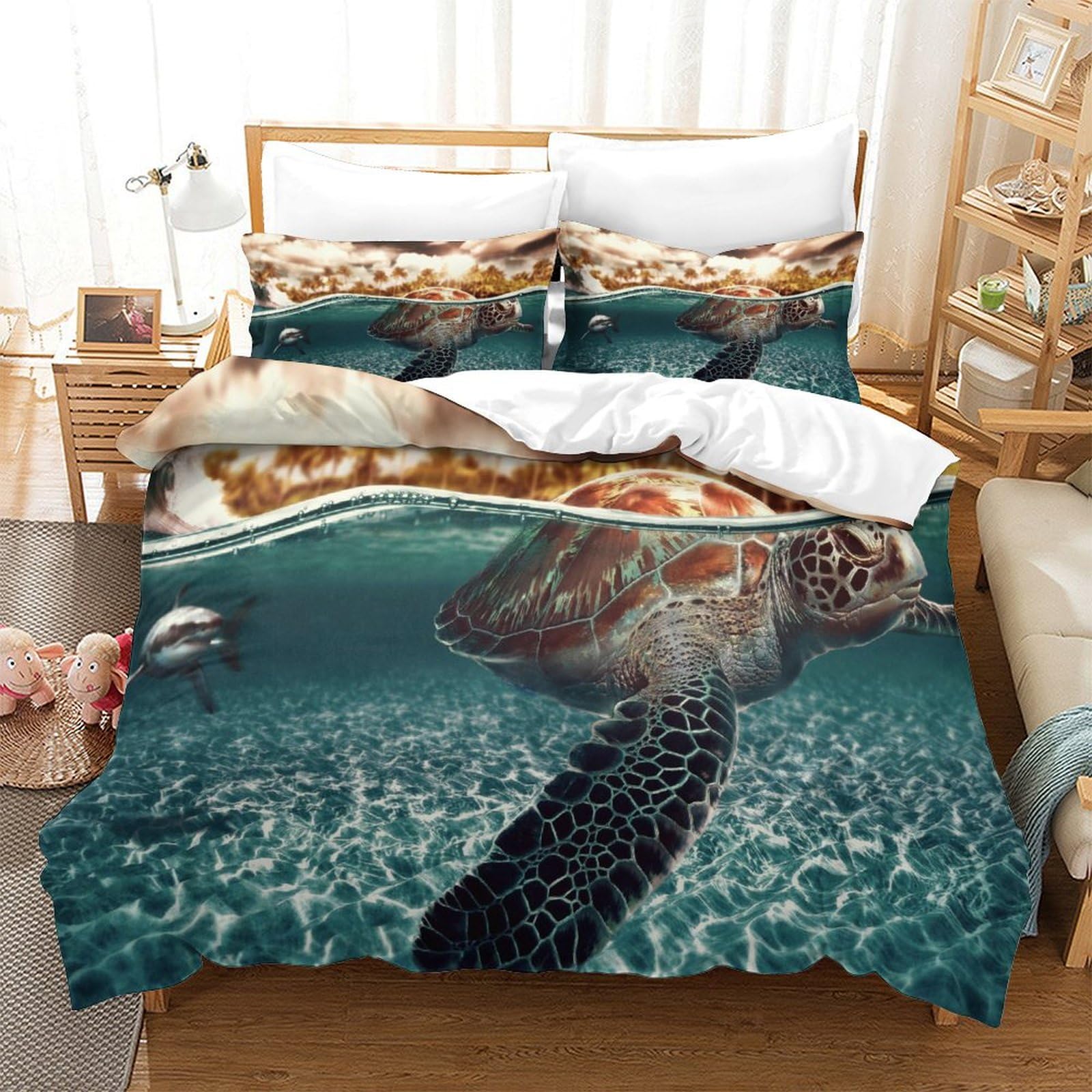 P1S9U7W5Y Ocean Style 3D Printed Turtle Duvet Cover Set 3pcs Microfiber Underwater Bedding Set King（220x240cm）