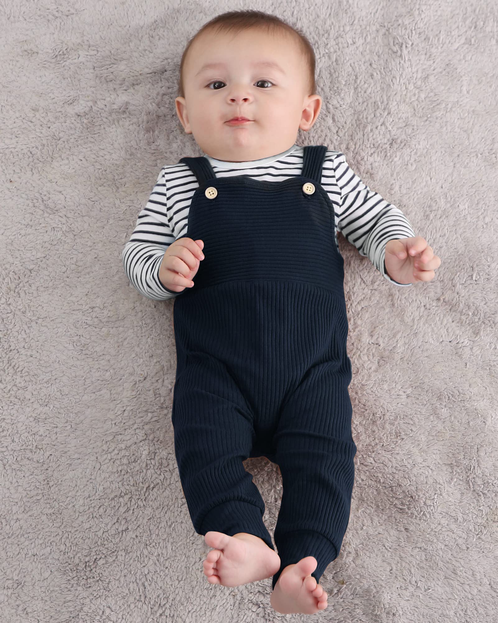 Ropa de bebé recién nacido, 2 piezas de mameluco para niños pequeños primavera/verano a rayas + pantalones de babero (0-3 meses)