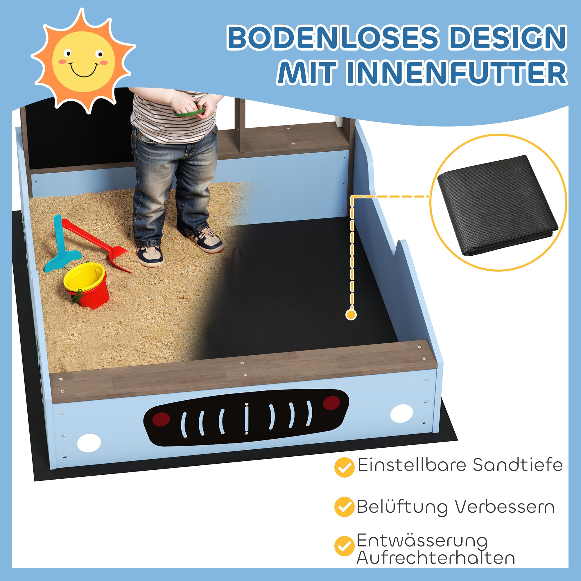 AIYAPLAY Sandkasten mit Abdeckung 90 x 120 cm aus Massivholz Imprägniert Kinder Sandbox mit Sitzbänken Zeichentafel, Pflanzkästen, Matschküche, Sandkiste für Outdoor Balkon Garten