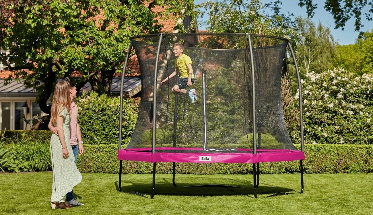 Salta Comfort Edition – ⌀183/213/251/305/366/396/427cm - TÜV geprüft – Schwarz/Grün/Pink - rundes Outdoor Trampolin, Gartentrampolin - Set mit Sprungmatte, Sicherheitsnetz, Federn, Randabdeckung