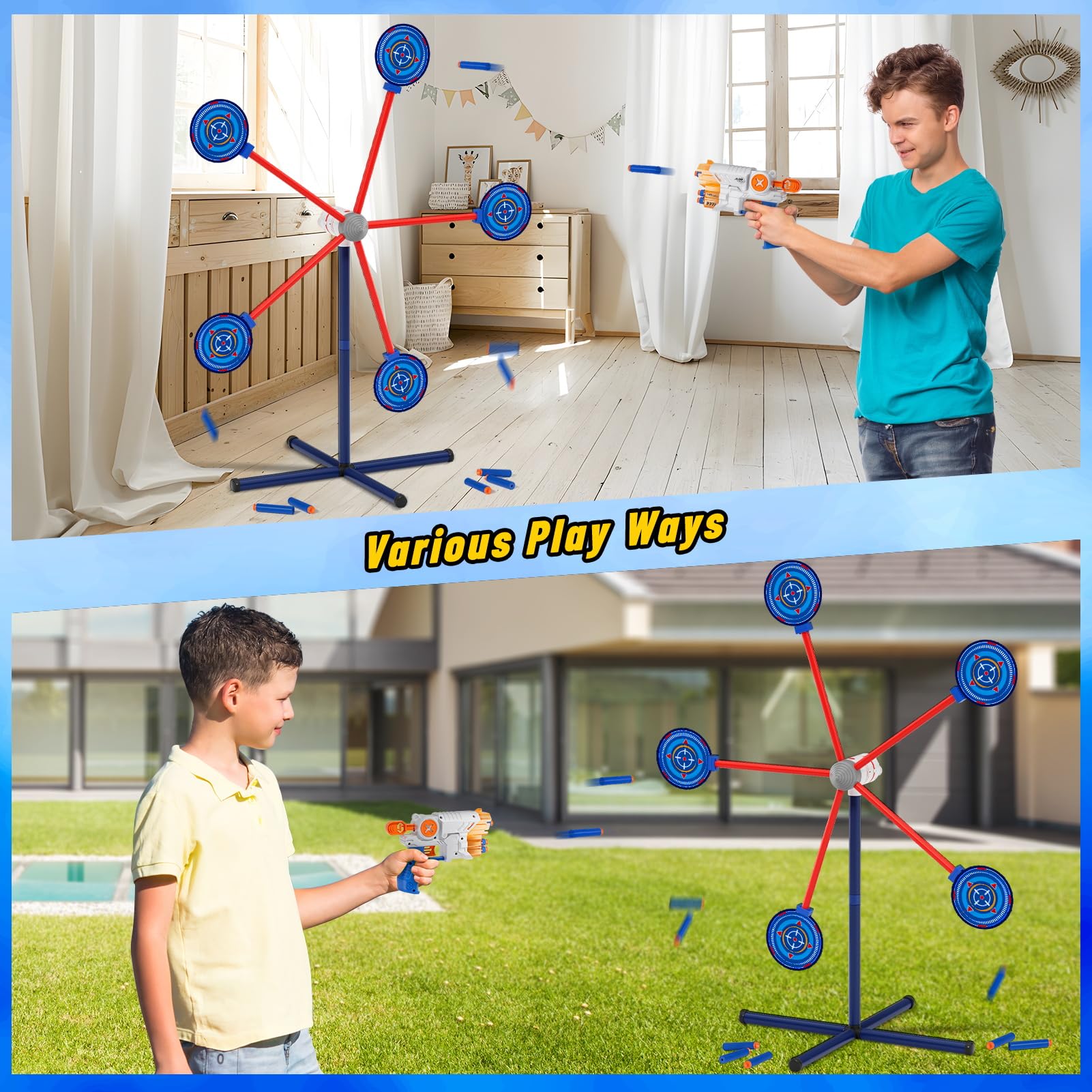 Kinderspielzeug Schießspiel ab 4-10 Jahren, Automatisch Rotierende Zielscheibe Schießspielzeug Set mit 2 Spielzeugpistolen & 20 Schaumstoff Blaster Geschenk für Junge Mädchen Outdoor Indoor