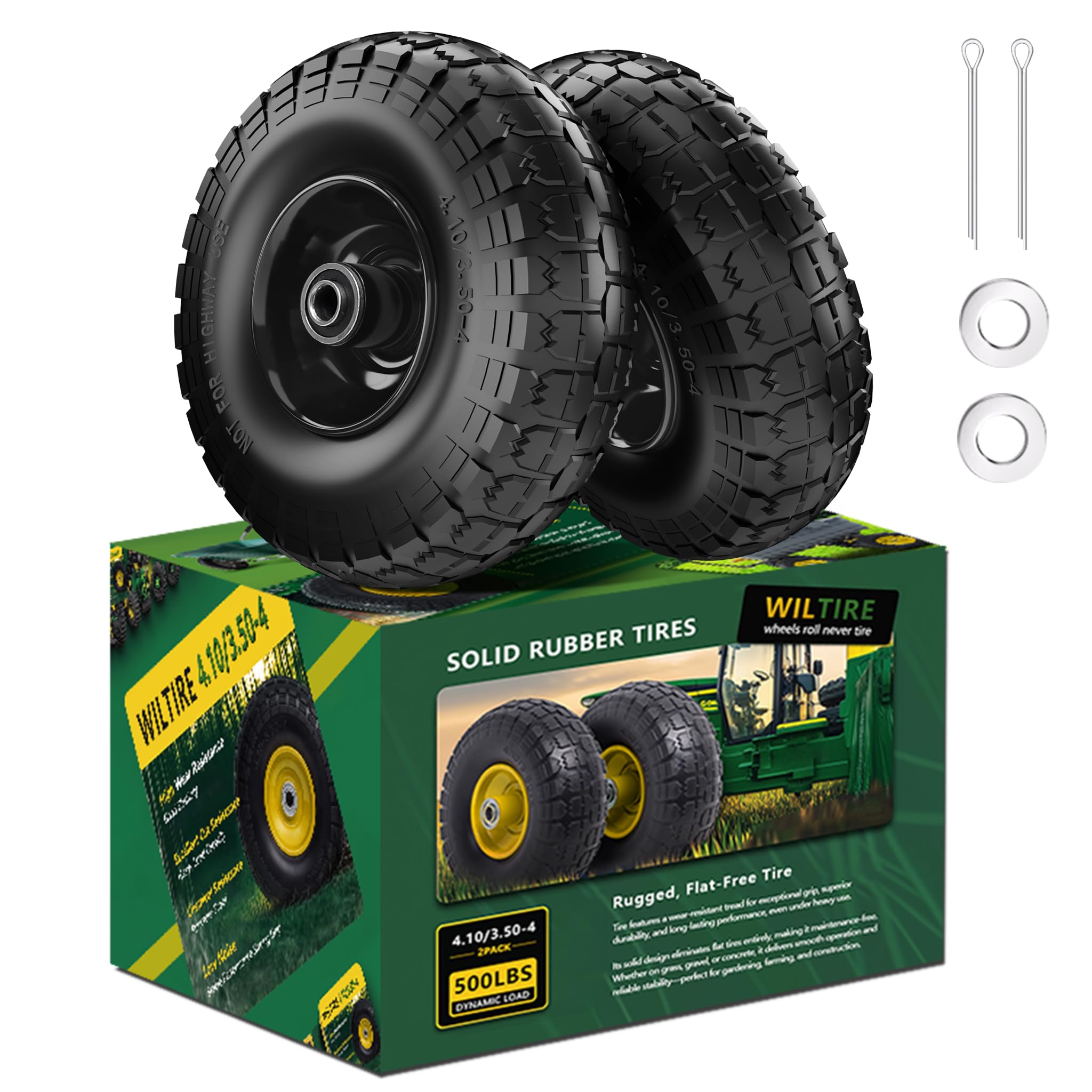 Paquete de 2 neumáticos y ruedas planas 4.10/3.50-4 de 10 pulgadas con rodamientos de 5/8, cubo de desplazamiento de 2.2 pulgadas, compatible con carretilla de mano, carretilla (negro)