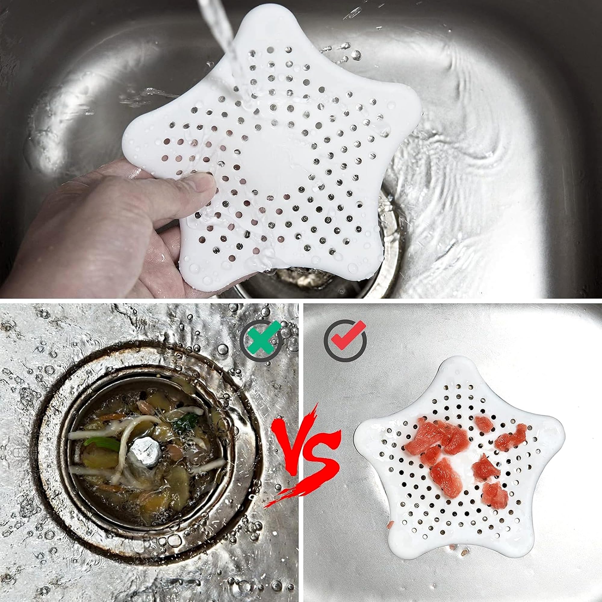 Drain Hair Catcher 3 Pack - Star Shaped Silicone Drain Cover with Strong Suction Cups - Kitchen Bathroom Shower - Prevents Clogs - 5.9 Inch (Pink, Red, White, Green, Blue, Black) - 5