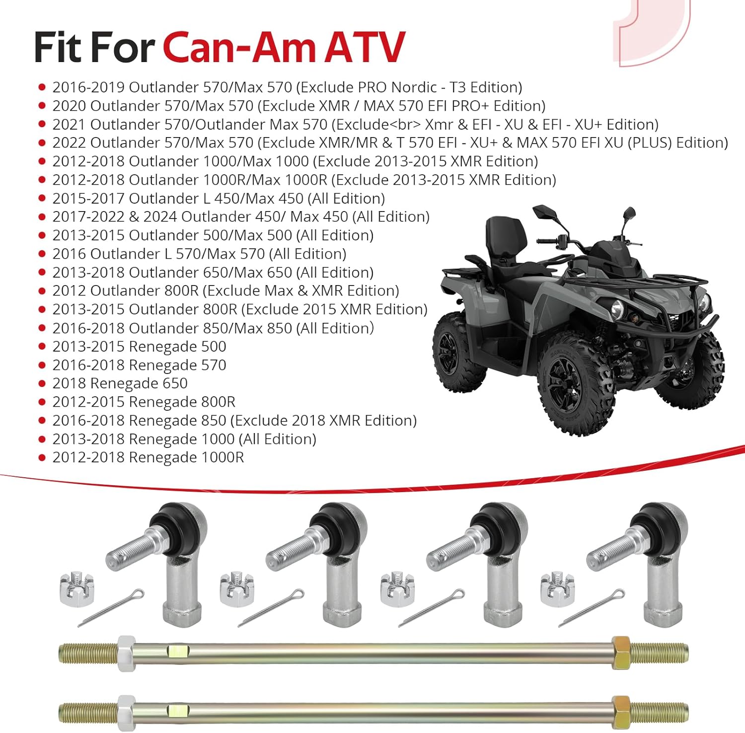 JAVIK Left & Right Tie Rod With End Ball Joint For Can-Am ATV Outlander Renegade 450 570 650 800 850 1000 2012-2024 O.E.M# 703501038 703500783 703500922
