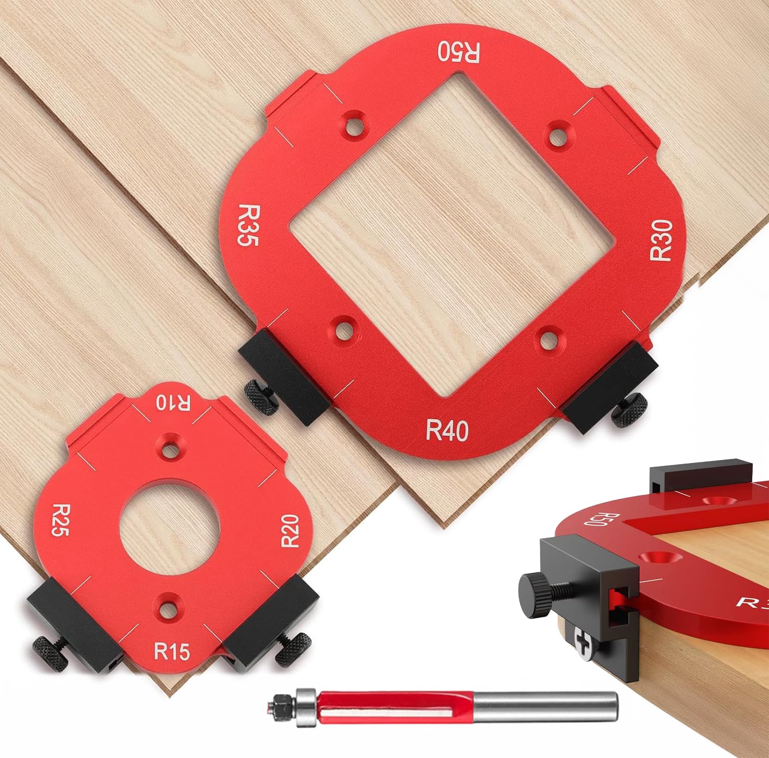 2 Plantillas de Fresado para Enrutador R10-R50 con Broca de Corte al Ras, Plantilla 4 en 1 para Enrutador, para Bricolaje en Madera, Jig de Radio