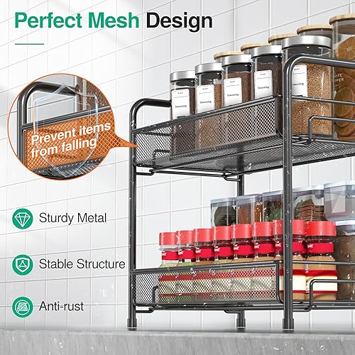 Miniatura 5 de Organizador de especias para encimera, paquete de 2, 2 niveles, plegable, de metal, grande, estante de almacenamiento de condimentos para gabinete