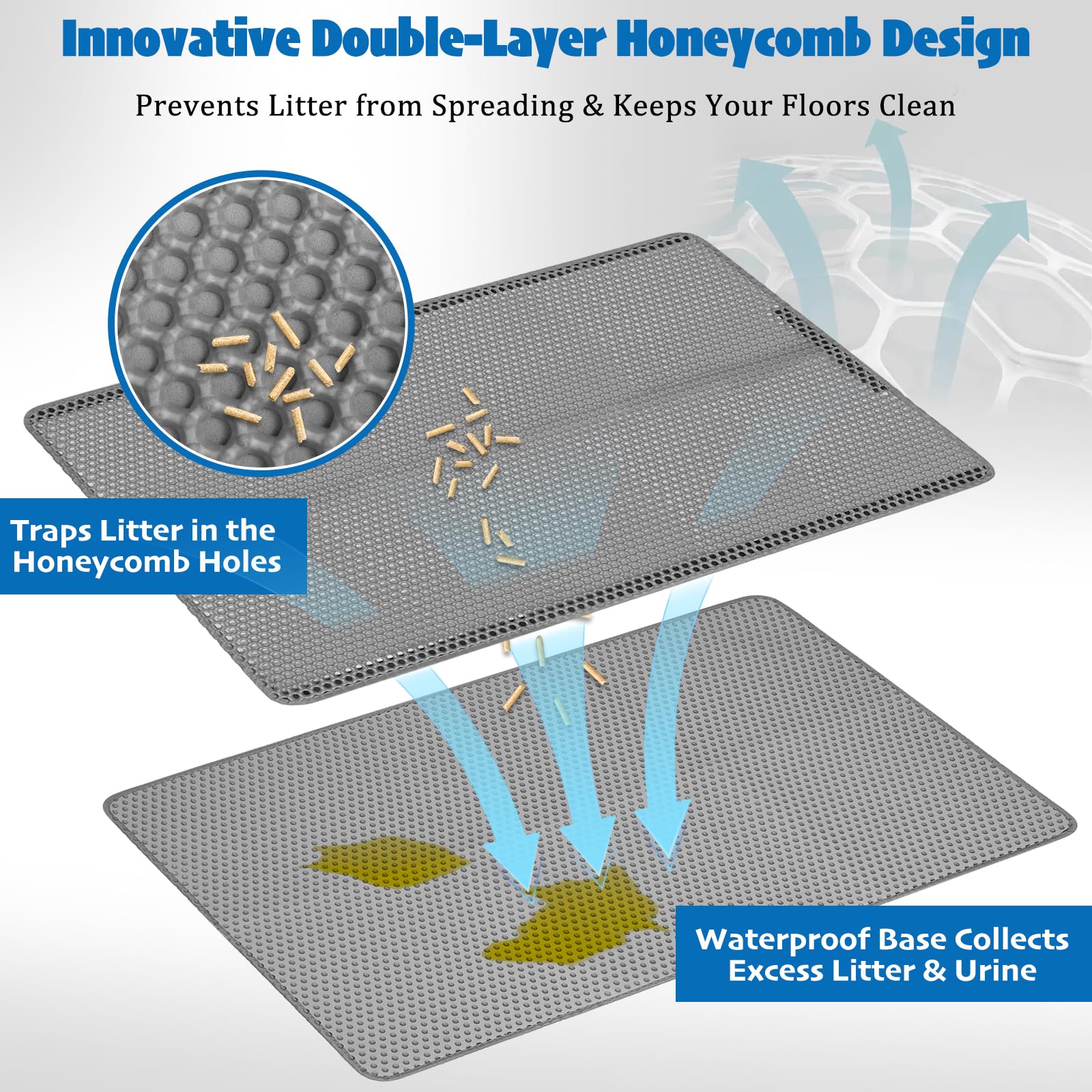Tappetino per lettiera e lettiera per gatti, a doppio strato, 90 x 60 cm, impermeabile, con chiusura in velcro, struttura a nido d'ape a 2 strati, in EVA antiscivolo, per lettiera e cibo