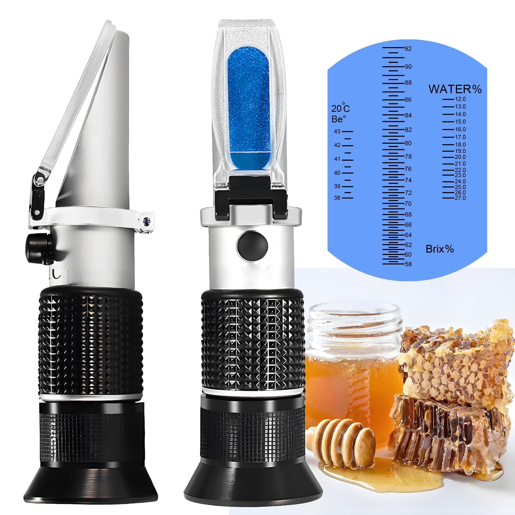 Honey Refractometer,V·RESOURCING Hand Held Be'(Baume)/Brix/Water Refractometer for Honey Test,Tri-Scale(Baume:38-43°;Brix:58-92%;Water:12-27%)