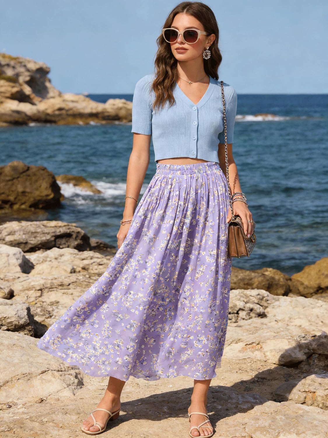 Kingfancy Women's Pleated Skirt Chiffon Elastic Waist A-Line Midi Length Skirt - Image 2