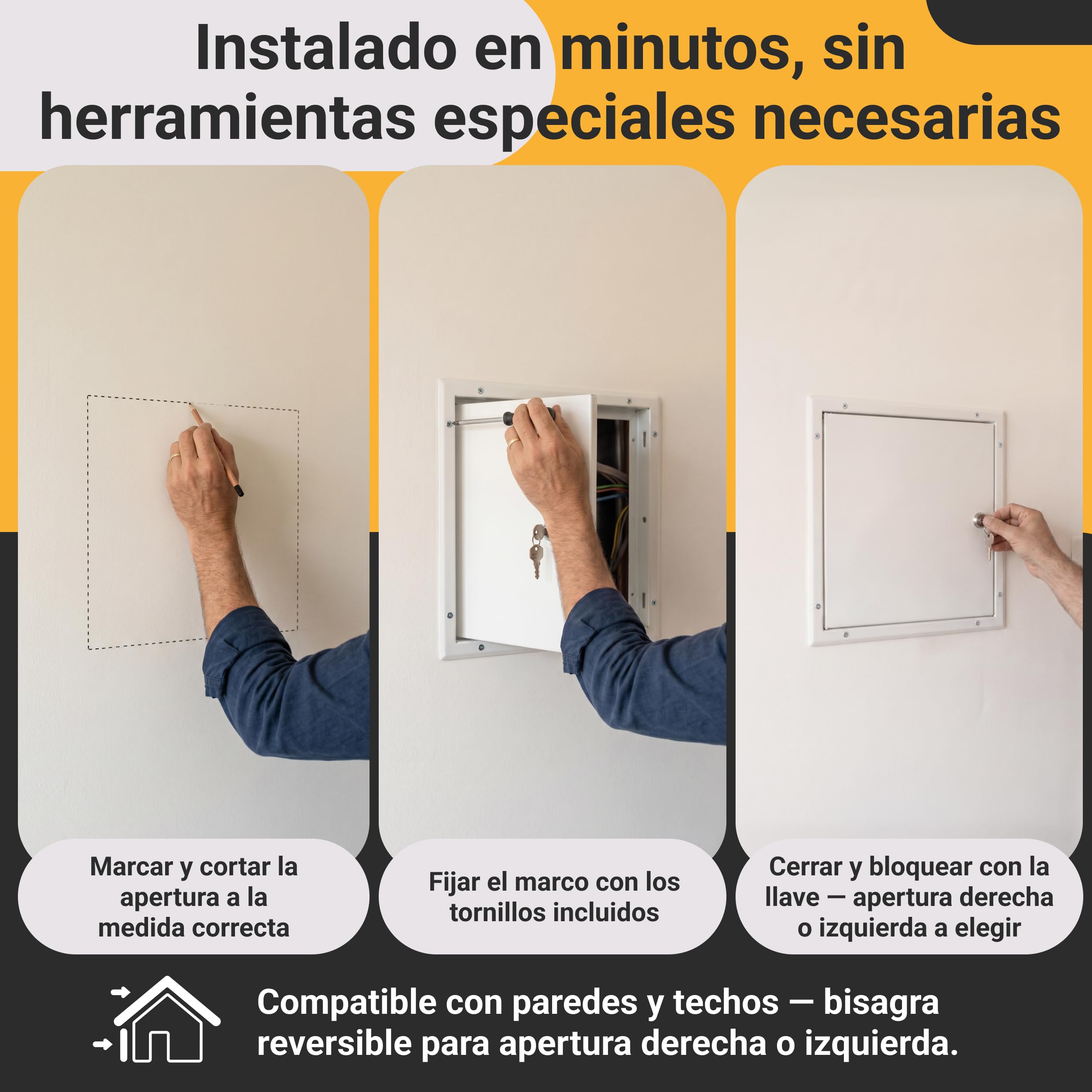 PROXINOVA Tapa Cuadro Electrico 50x50 cm Trampilla Pladur con Llave Puerta Metálica Blanca para Contador Luz Agua Registro Técnico Panel Acceso Pared y Techo