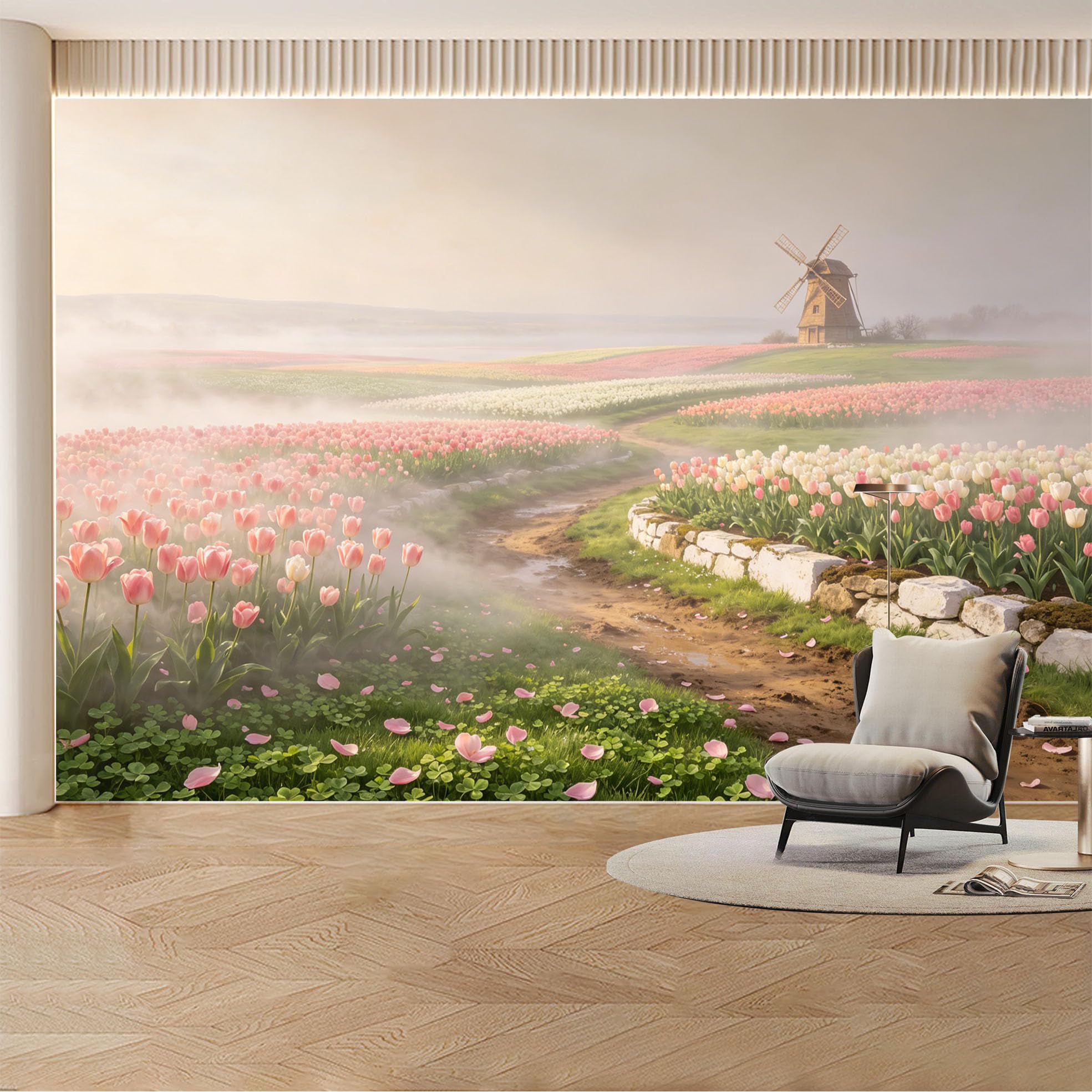 Custom Wall Mural Wallpaper Tulip Windmill Landscape Nature Large Wall Art Mural Design Misty Sunset Rustic Farmhouse Removable SelfAdhesive Large Photo for Living Room， Bedroom， Office