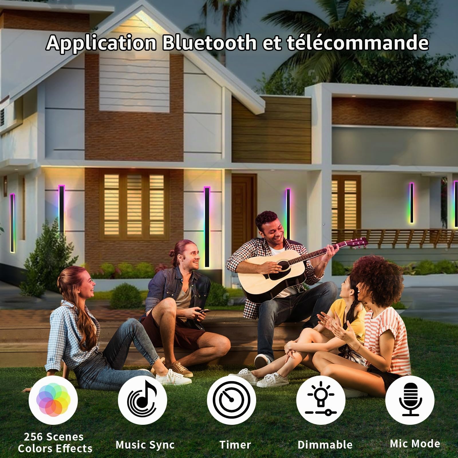Applique murale extérieure RGB, 80cm 2 groupes RGB/chaud/blanc dimmable moderne LED applique murale, longue lampe murale avec contrôle à distance et app pour extérieur/intérieur
