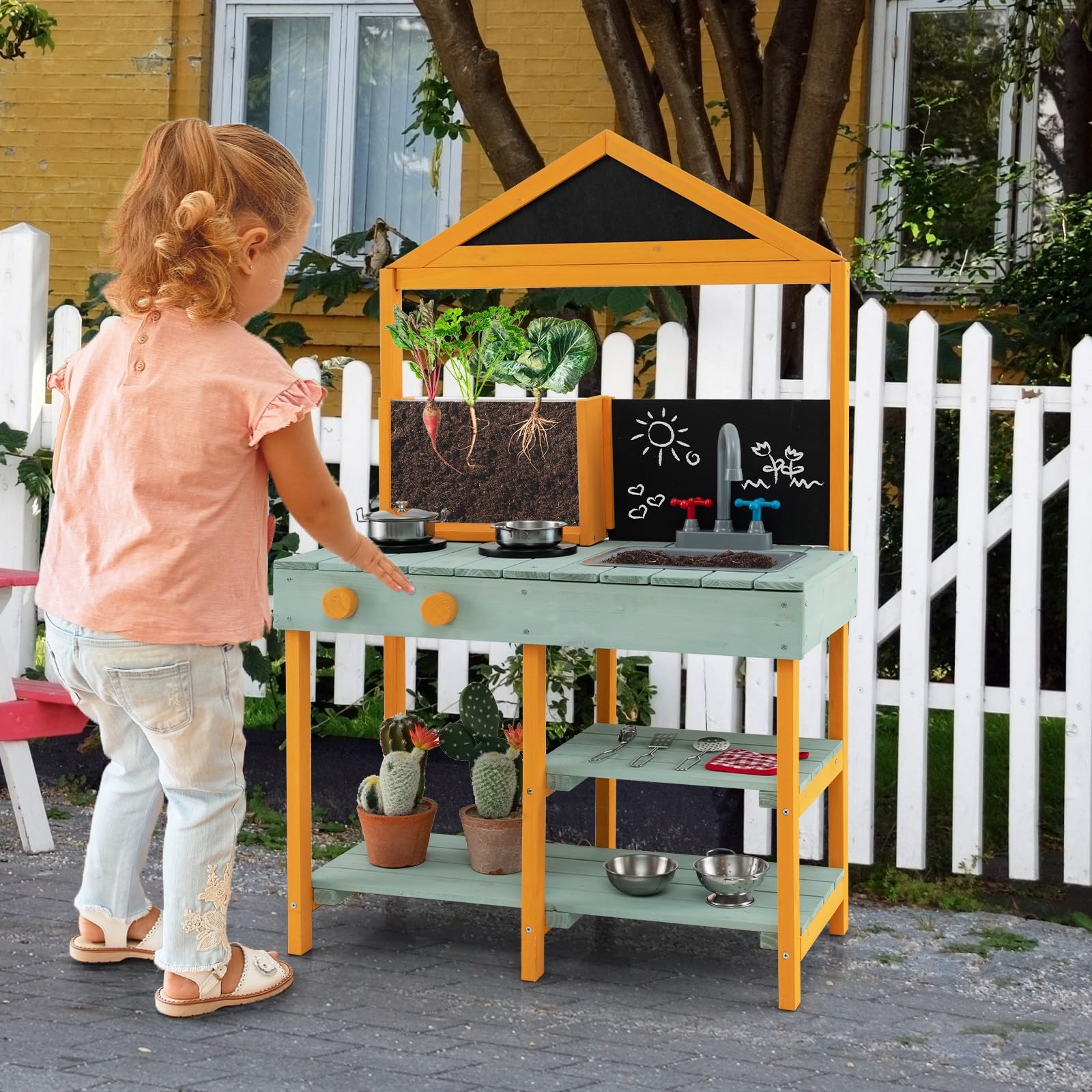 COSTWAY Matschküche Kinder Outdoor, Kinderküche Tannenholz mit Pflanzbehälter & 2 Kreidetafeln & Wasserhahn & Waschbecken, Spielküche Outdoorküche für Kinder ab 3 Jahren, Inkl. 8 Zubehör (Grün)