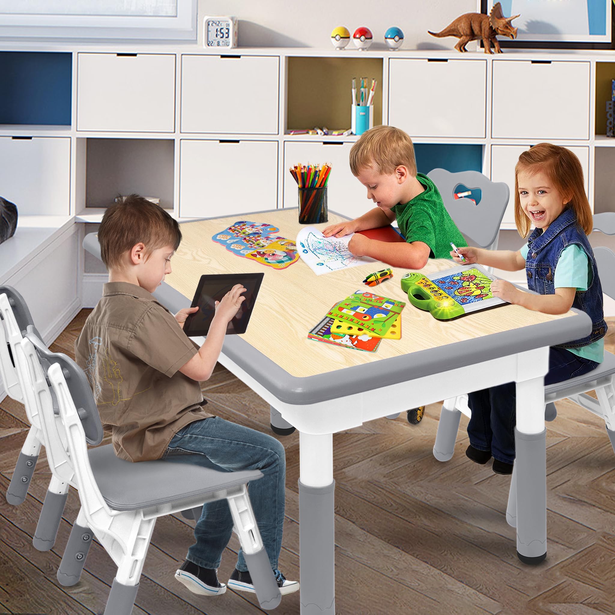 Kindertisch mit 4 Stühlen, Kindersitzgruppe Tisch Stuhl Höhenverstellbar für Kinder 2-10 Jahre