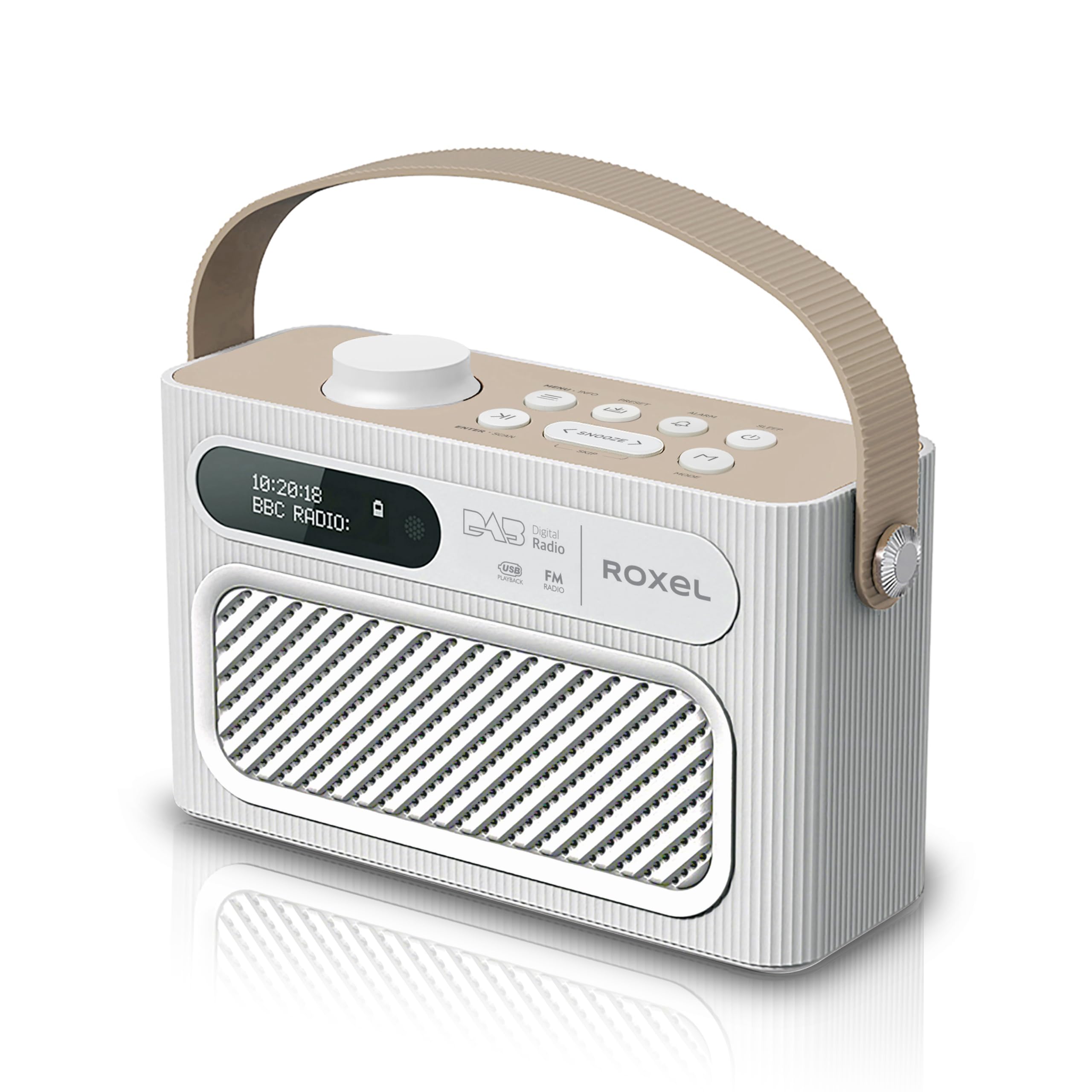 roxel rdr-40 stereo dab/dab+ digital and fm radio portable bluetooth speaker with dual alarm clock function, usb & micro sd mp3 playback function (white)