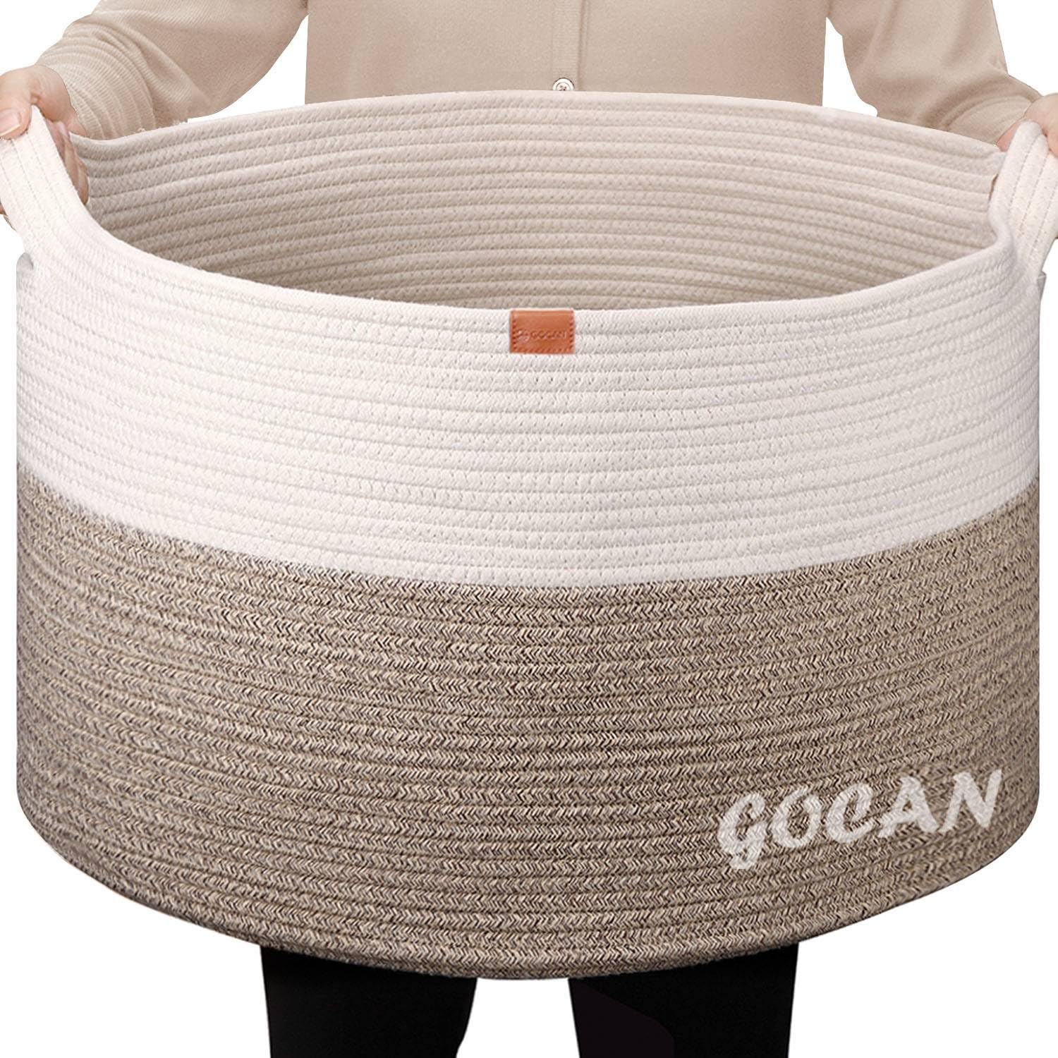 YOUDENOVA Wasmand Katoenen Touw Grote Deken Mand Geweven Opbergmand Speelgoed Opslag Organizer Kinderkamer Decor Wasmand met Handvat 58L (zwart, 38cm (D) x50cm (H