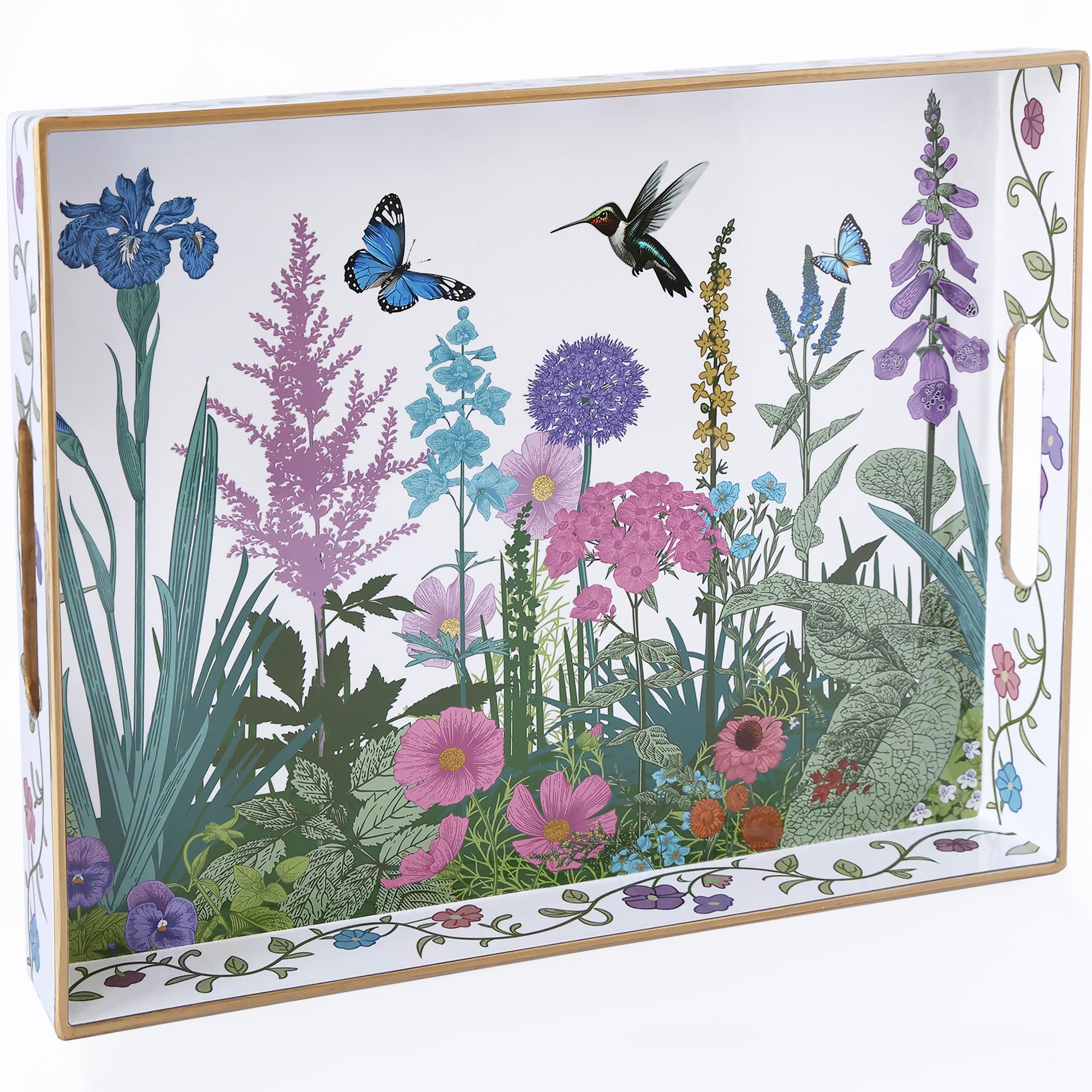Photo 1 of Serving Tray with Handles, Rectangular Plastic Tray 15.75x11.81 Inch, Wildflower, Butterflies & Hummingbirds Style Decorative Tray for Kitchen, Dining Table, Vanity, Office & Home