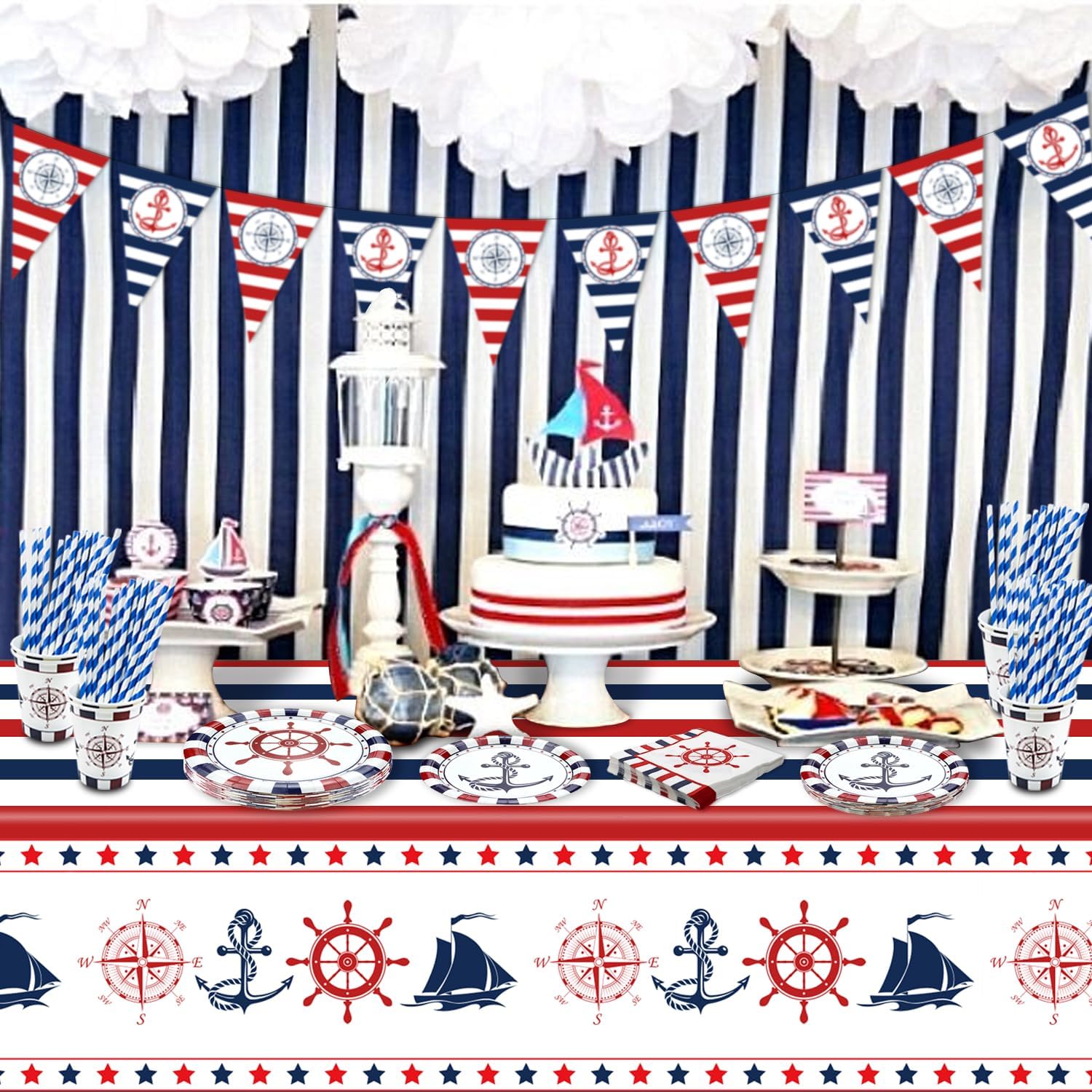 Decorazioni Per Feste Nautiche, Forniture Di Compleanno A Tema Anckor, Con Piatti Di Carta, Tovaglioli, Tovaglia Per Baby Shower A Tema Nautico, Tutti A Bordo, Forniture Per Feste Di Primo Compleanno