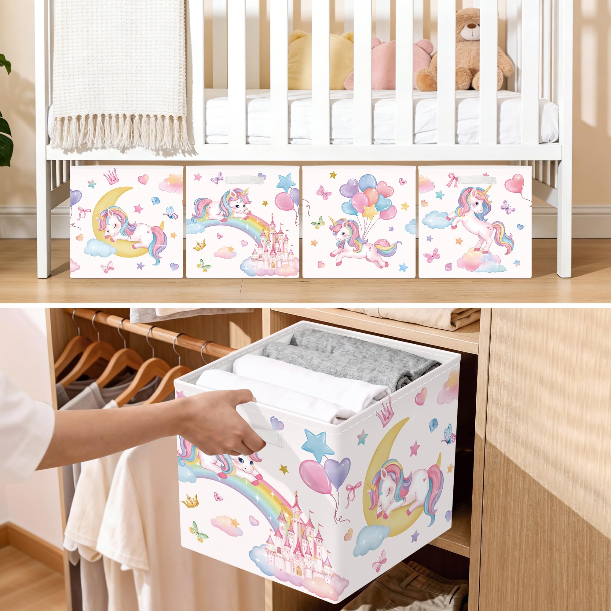30cm Set di 3 Scatole Portaoggetti Arcobaleno Unicorno Contenitore Porta Giochi Ragazza Pieghevole Palloncini Rosa Cubi Portaoggetti per Libreria Kallax Salotto, Corona Castello