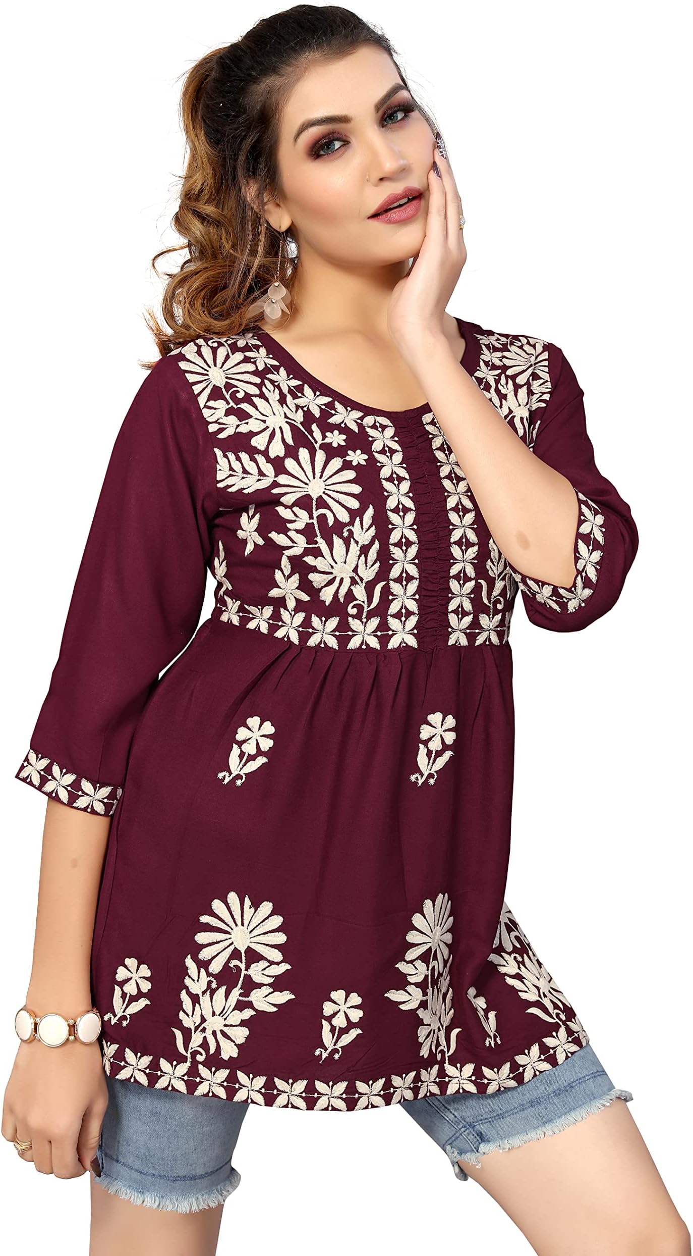 Short Kurti Tops for Jeans for Women I Chikankari Rayon Cotton Long Kurta Kurti for Women I Stylish wear Kurti top for Girls