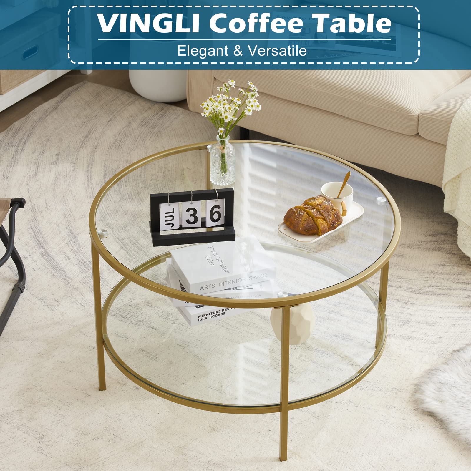 Amazon.co.jp: VINGLI ガラスコーヒーテーブル 30インチ ラウンド