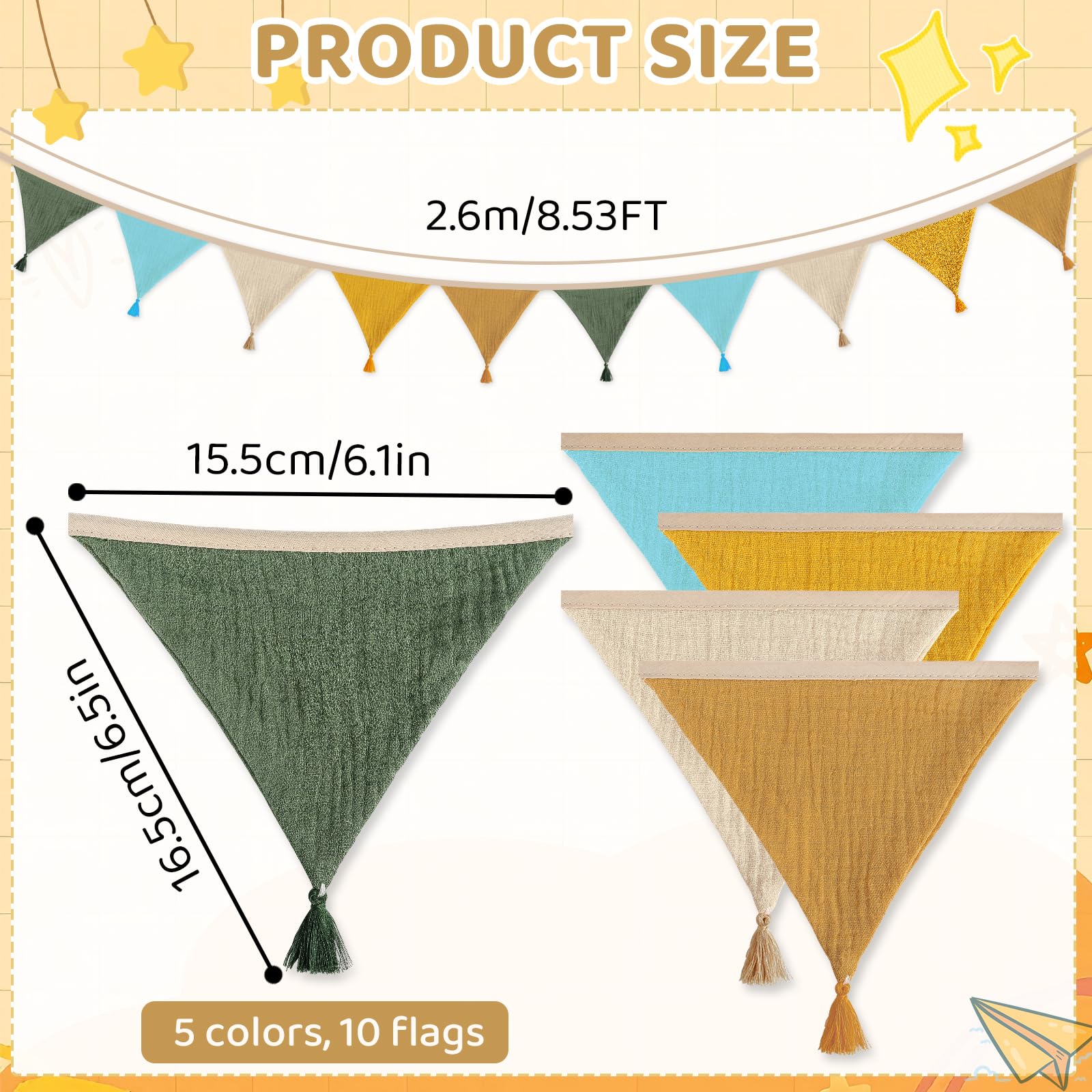 Nursery Fabric Bunting Banner,10Pcs Double Sided Colorful Cotton Bunting Garland, Kids Room Decoration - Image 2