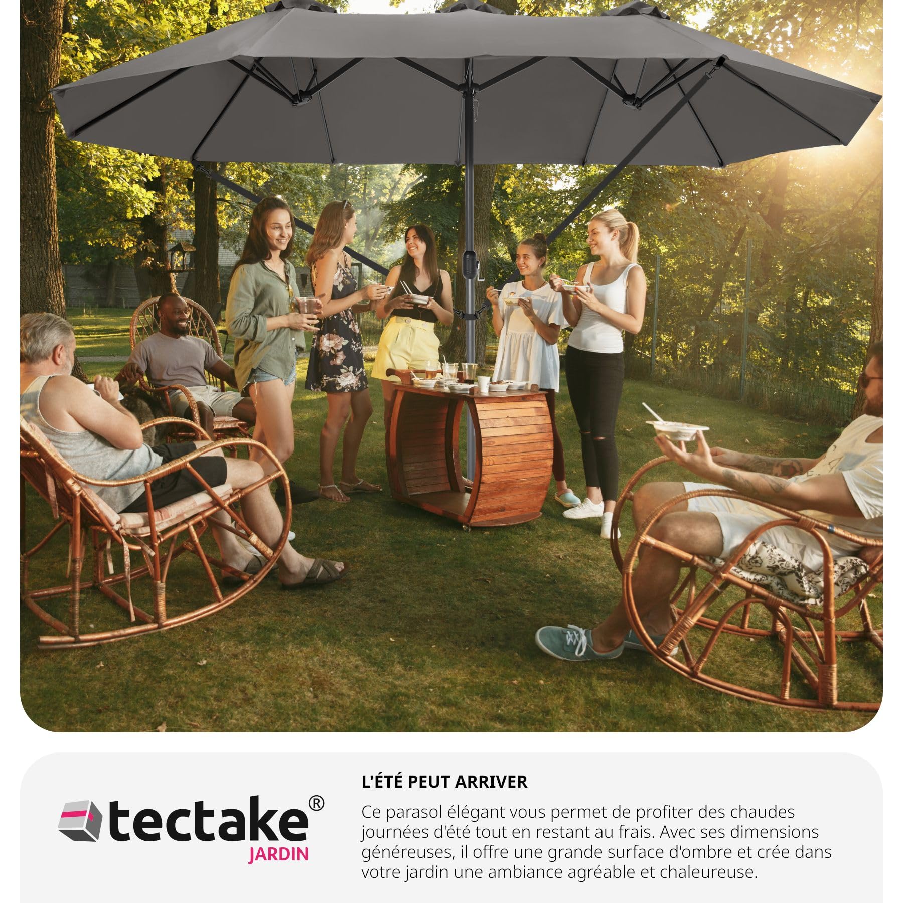 tectake® Parasol de Jardin Exterieur Parasol Double Rectangulaire à manivelle Cadre en Aluminium avec 1 Mât 460 x 270 x 241 cm, Protection UV 50+, Résistant au vent, pour Salon de jardin