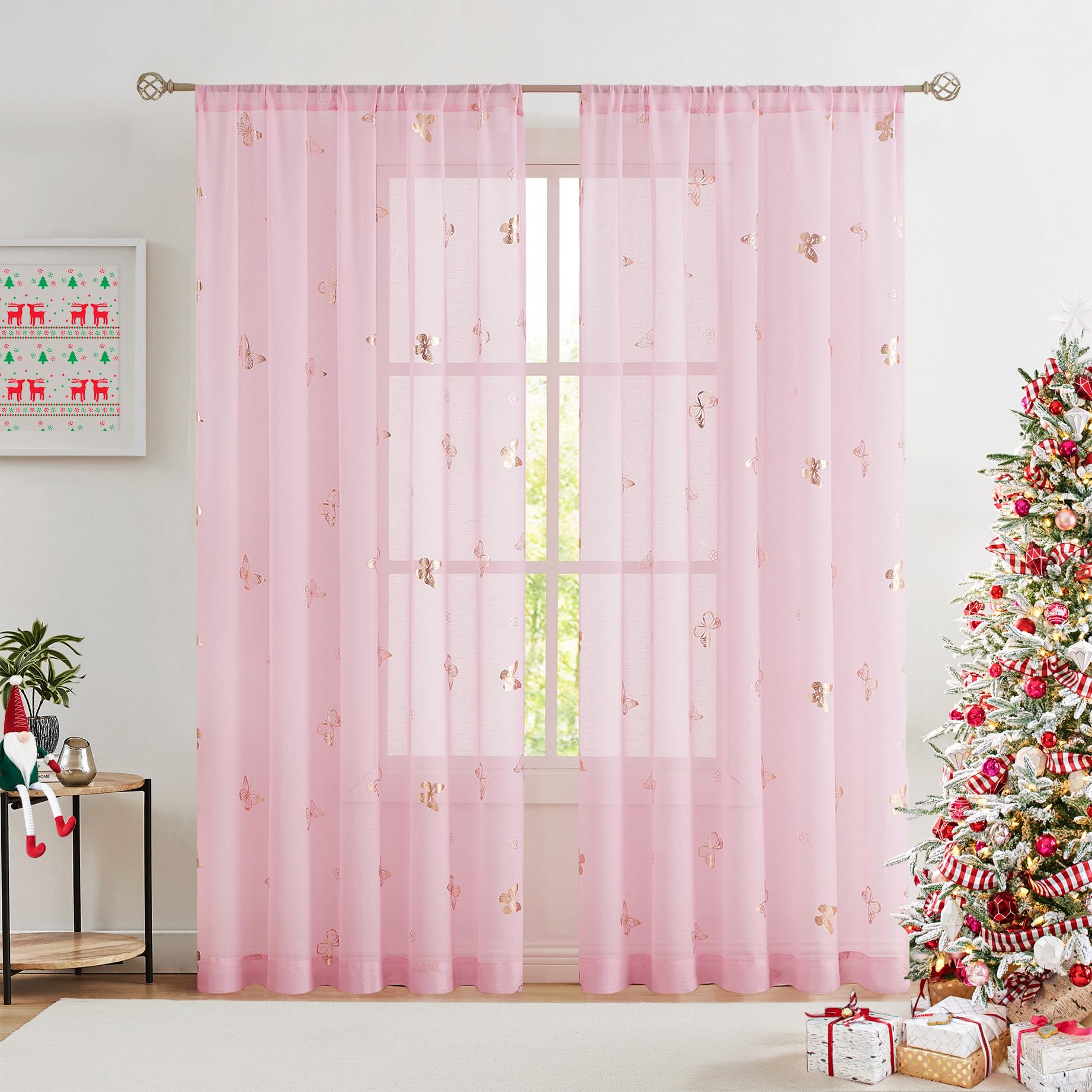 Jubilantex Pink Butterfly Sheer Curtains Gold Print Drapes for Baby Girls Nursery, Kids Bedroom 84 Inch Long Toddler Linen Textured Curtain Rod Pocket Window Treatment Sets, 2 Panels