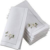 Saro Lifestyle Handmade Magnolia Embroidered Cotton Napkins Set of 6 - 20x20 Inch Hemstitched Cloth Napkins for Elegant Tables