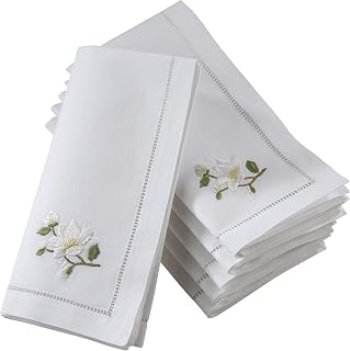 Saro Lifestyle Handmade Magnolia Embroidered Cotton Napkins Set of 6 - 20x20 Inch Hemstitched Cloth Napkins for Elegant Tables