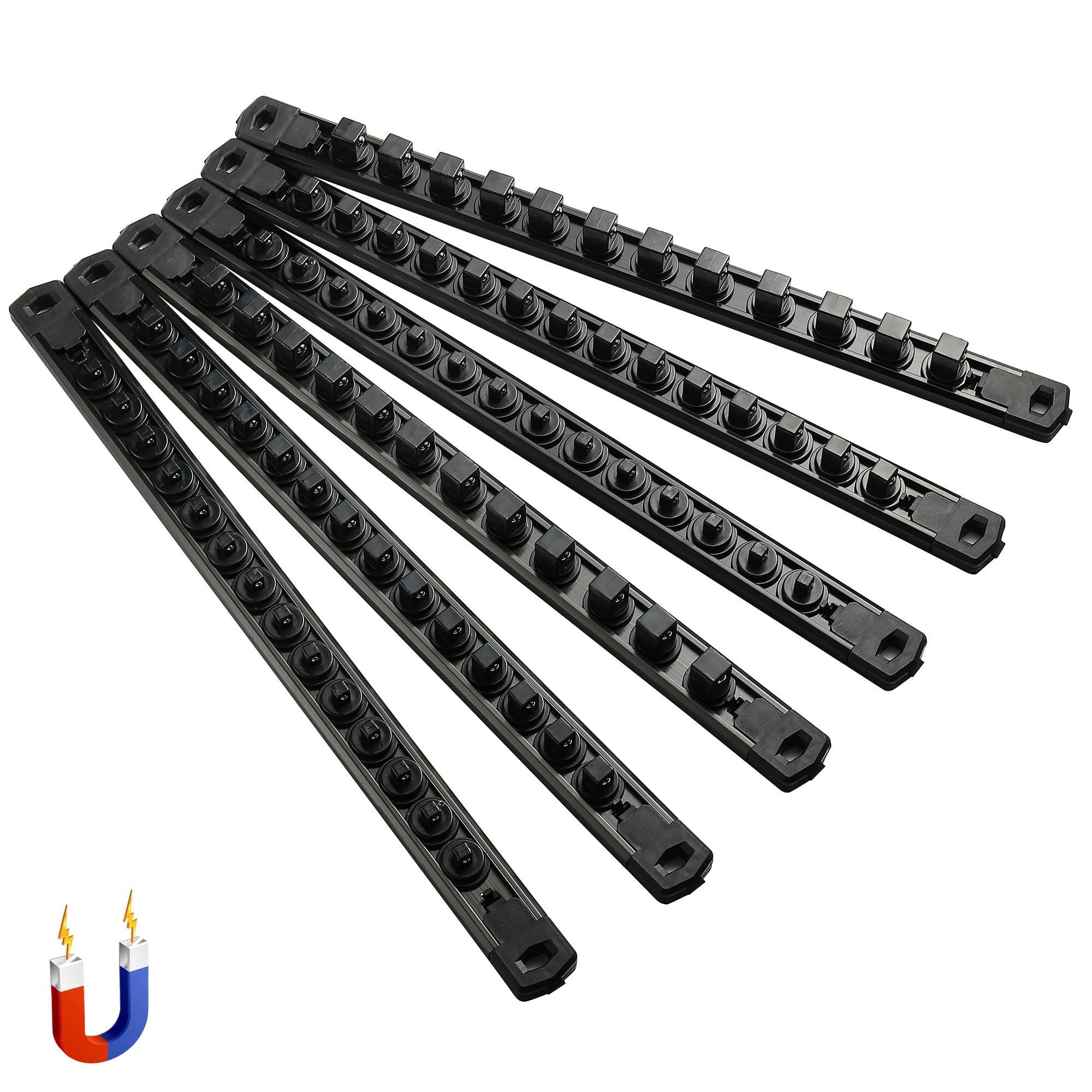 ALOANES 6-Piece Magnetic Socket Organizer, Heavy Duty Aluminum Socket Rails Organizer, 360° Swivel Clips Socket Holder Kit for Tool Box, 1/2, 3/8, 1/4-Inch Socket Holder x 80 Clips (Black)